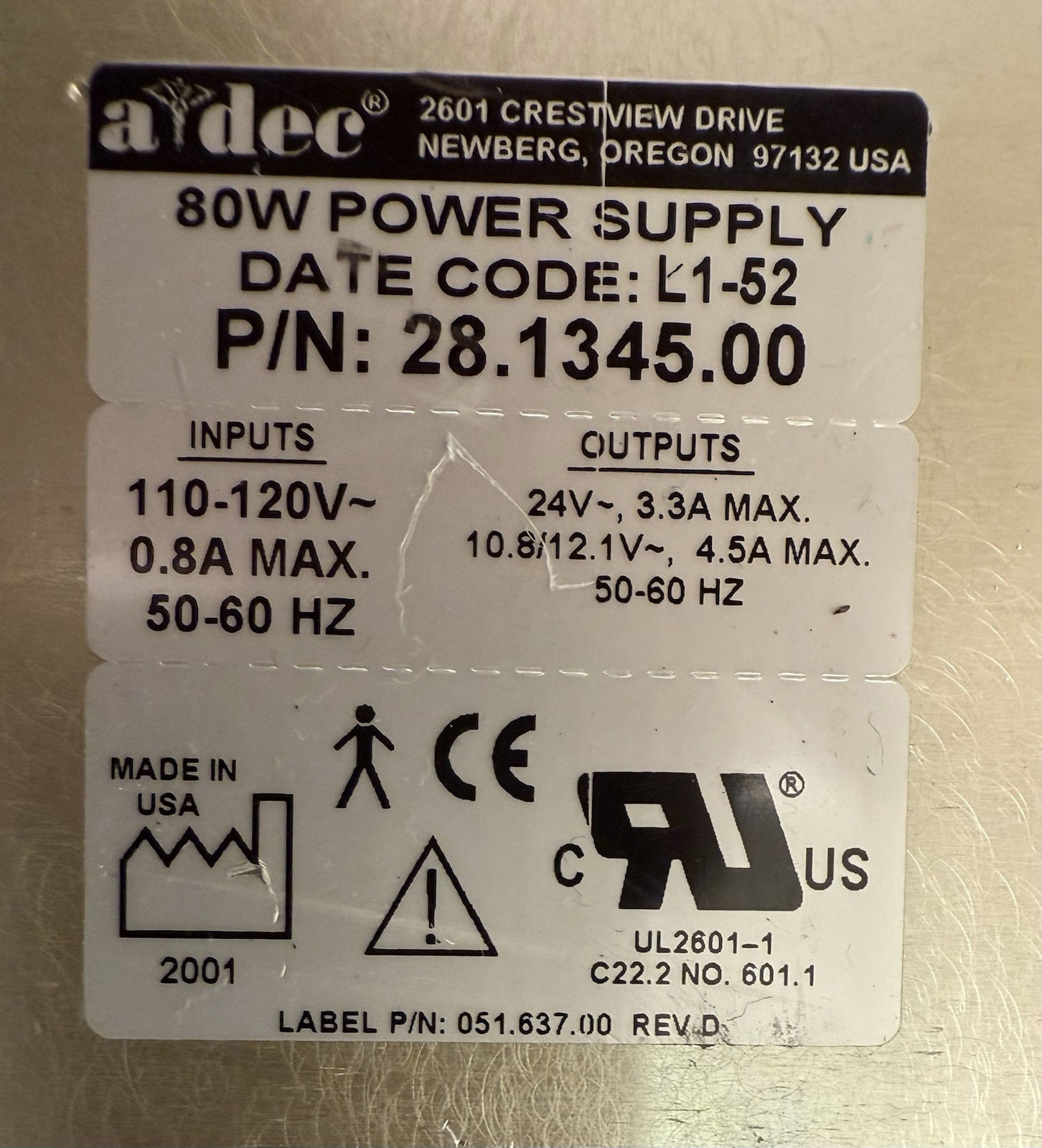 Adec 80 Watt Power Supply PN 28.1345.00