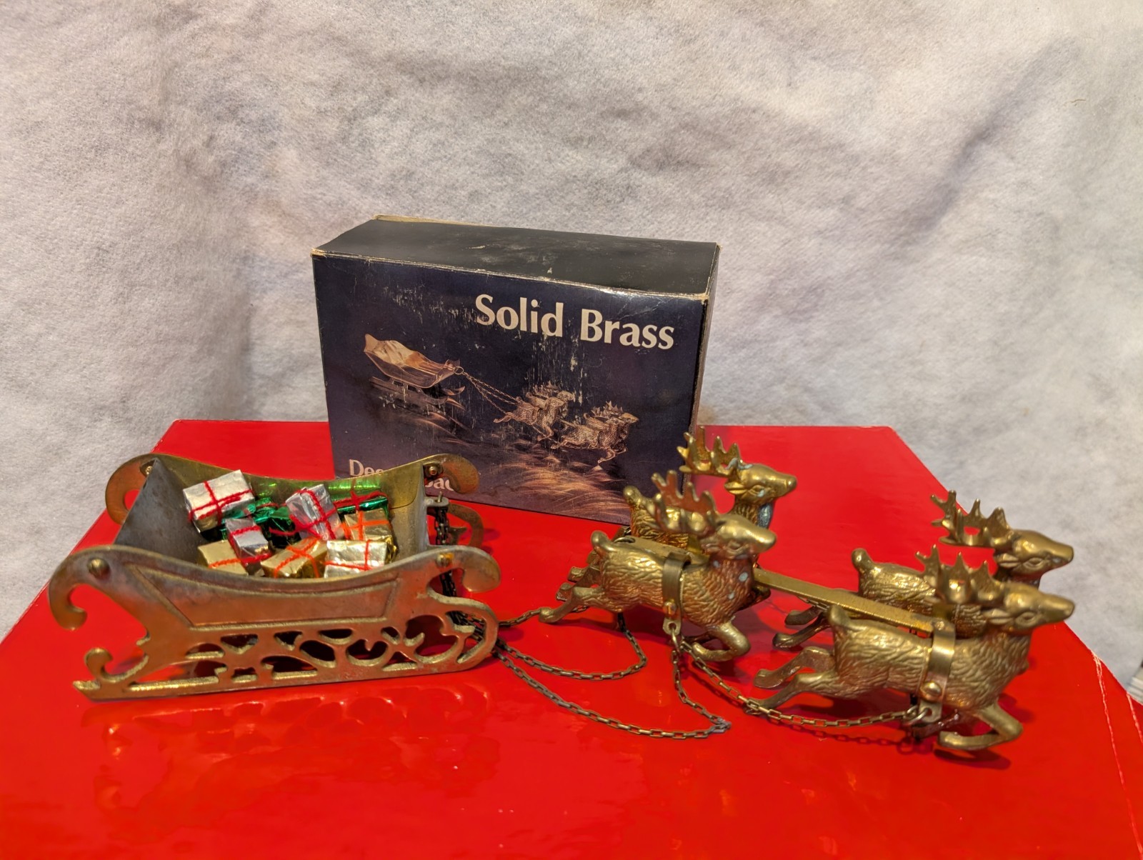 VTG Lg Brass Reindeer Flying Sleigh With Christmas Gifts Centerpiece 12