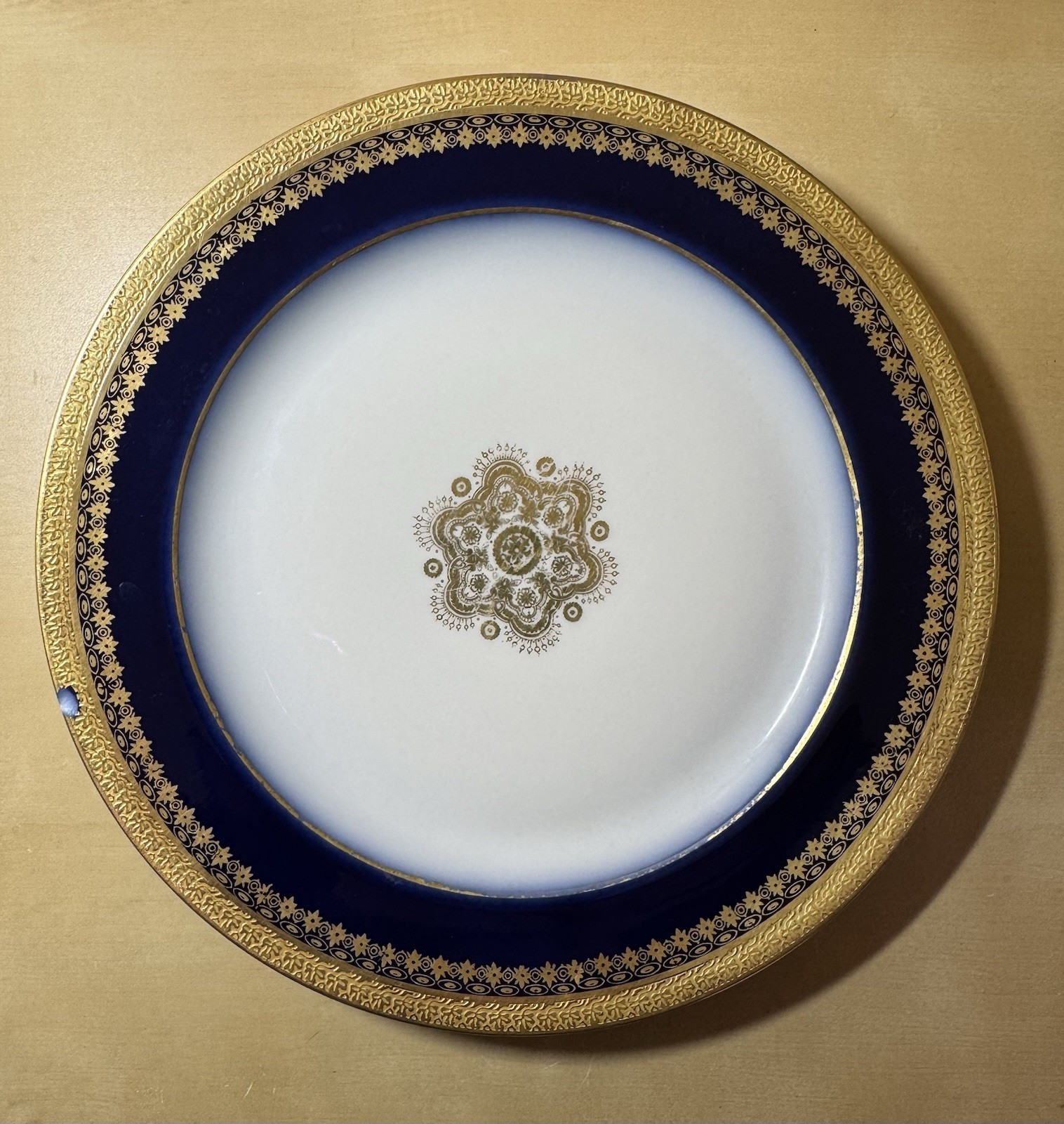 Antique J Pouyat Limoges France 8.5” Cobalt & Gold Cabinet Plate Medallion *Chip Antique J Pouyat Limoges France 8.5” Cobalt & Gold Cabinet Plate Medallion *Chip