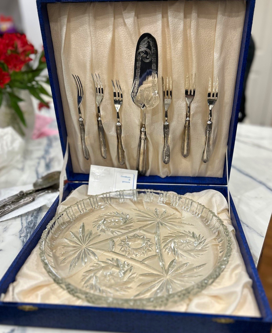 Vintage Italian 800 Silver Dessert Set – 6 Forks & Cake Server w/ Cut Crystal Tr