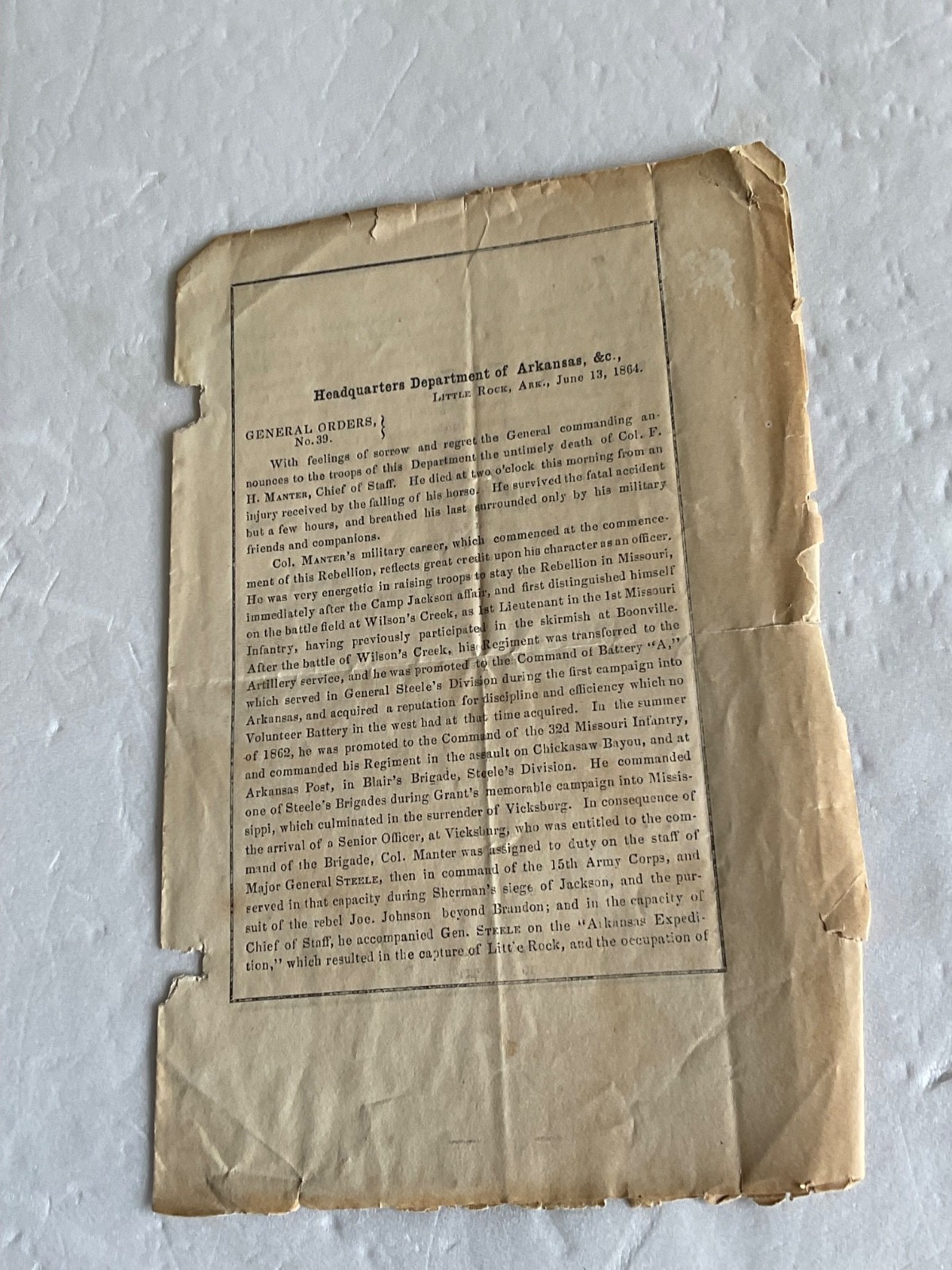 CIVIL WAR  LITTLE ROCK ARKANSAS ARMY OBITUARY COL MANTER ORDER 1864 VICKSBURG ET