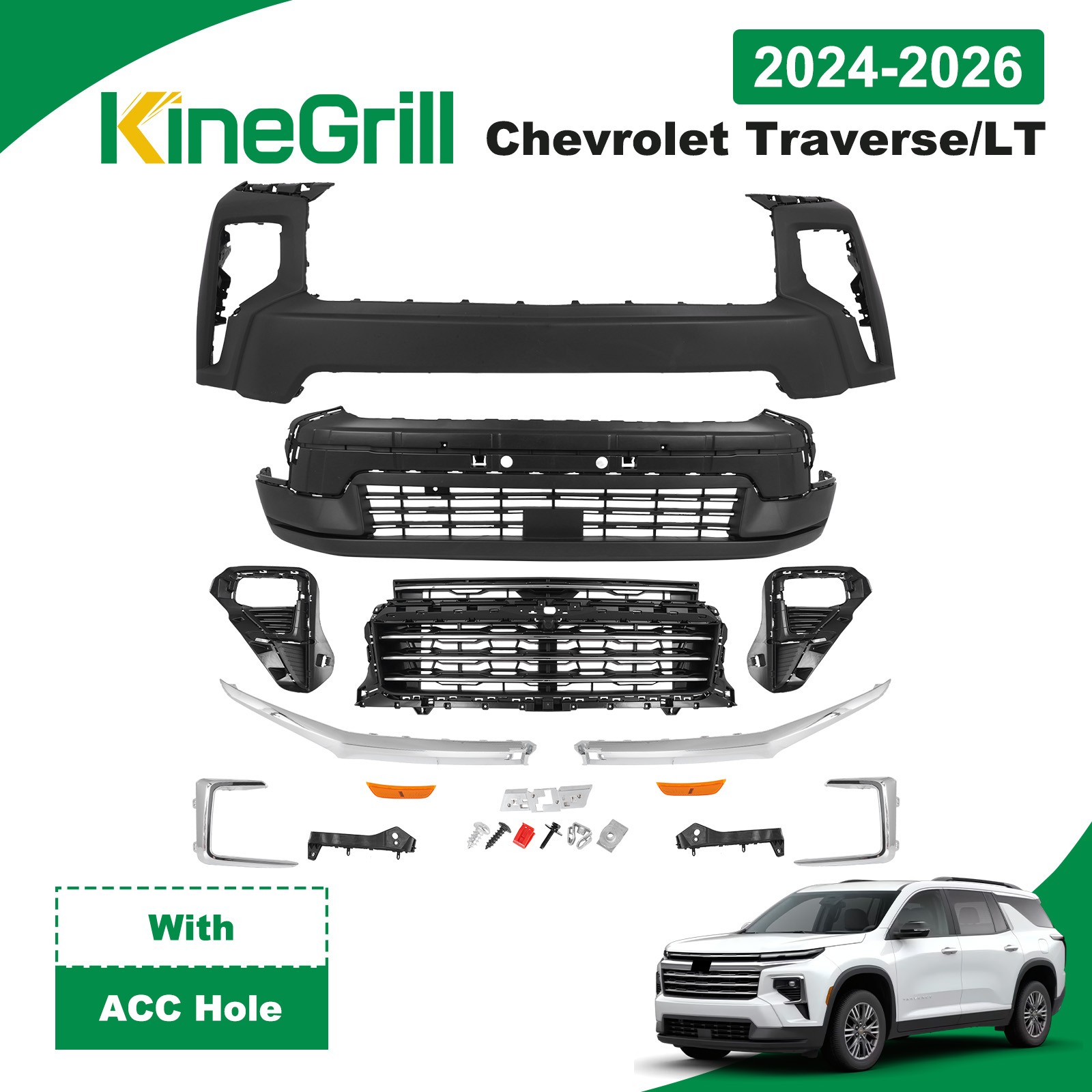 For 2024-26 Chevrolet Traverse LT W/ Grille W/ ACC Holes Front Bumper Cover Kit For 2024-26 Chevrolet Traverse LT W/ Grille W/ ACC Holes Front Bumper Cover Kit
