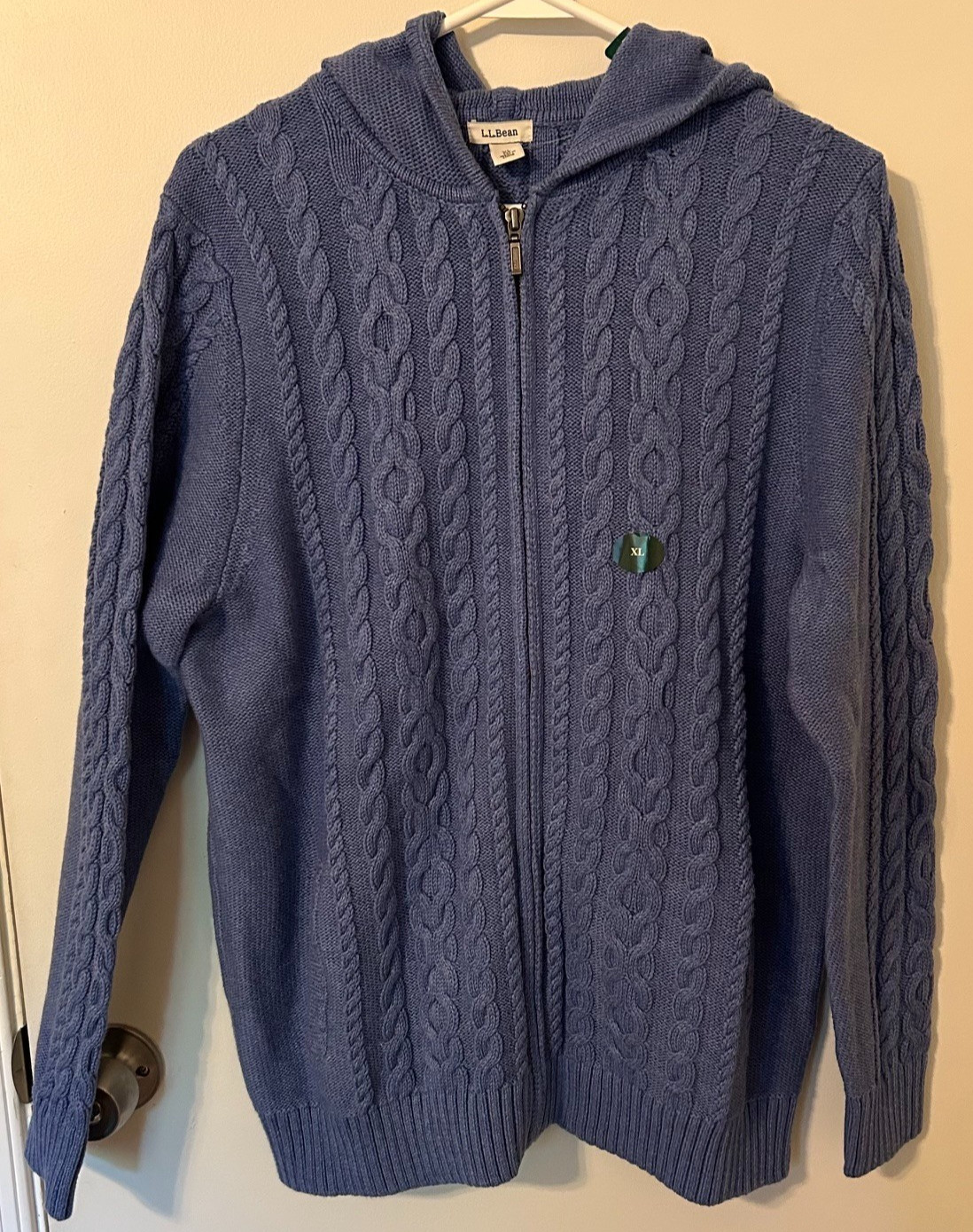 NWT L.L.Bean Womens XL Double L Cable Knit Hooded Full Zip Cotton Cardigan