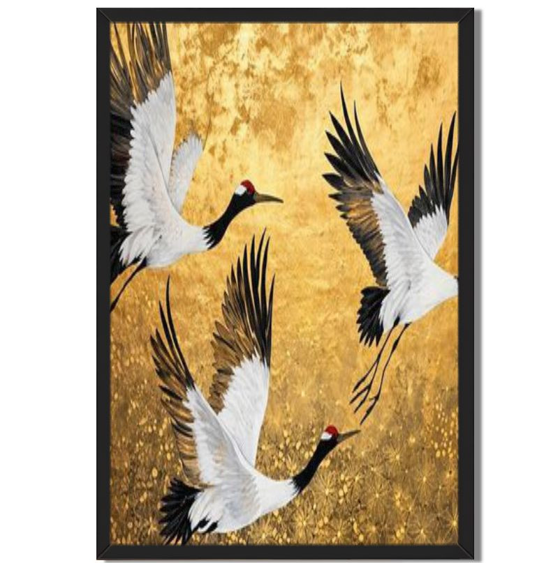 Framed Red-Crowned Cranes Art Print on Gold Background Elegant Wall Decor
