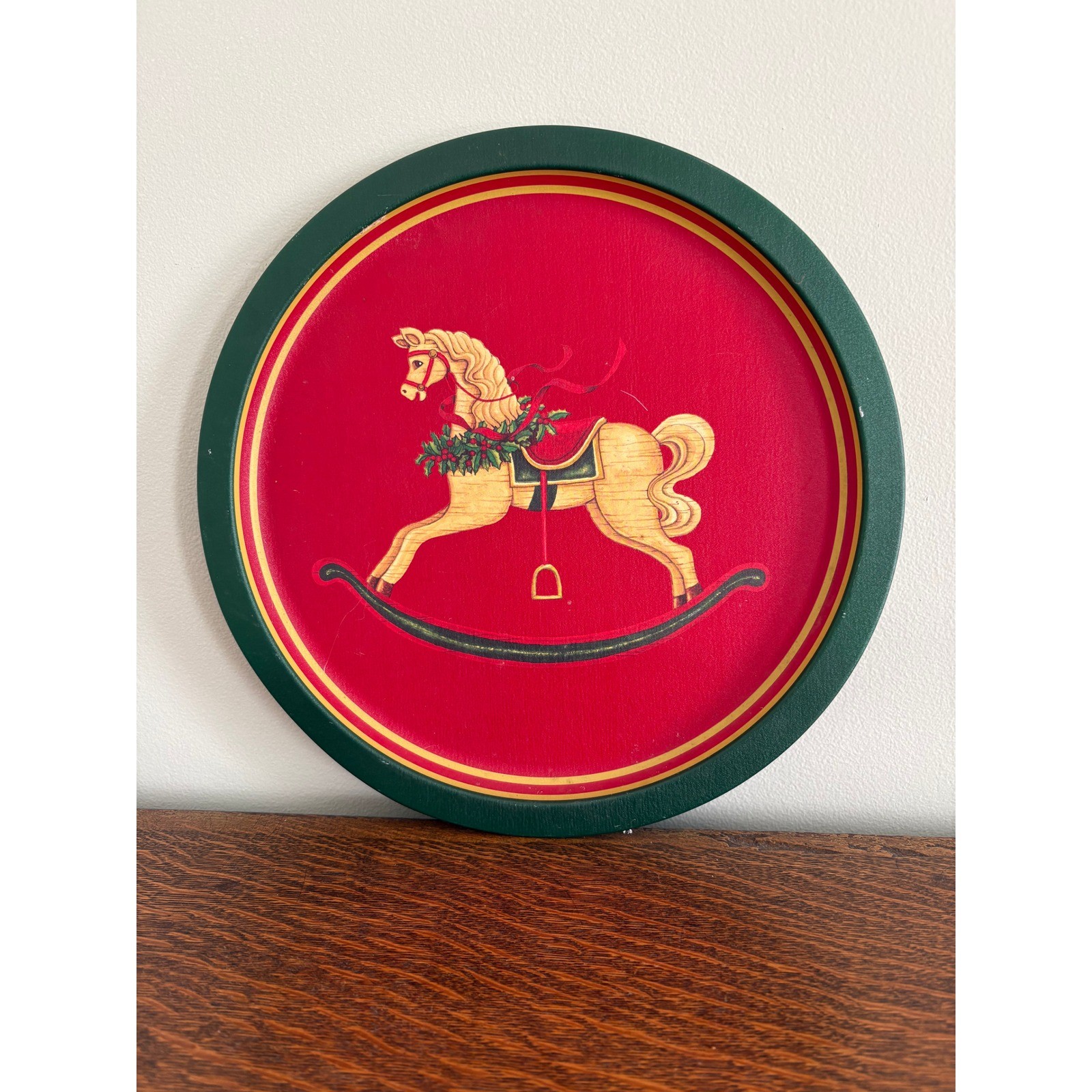 Vintage 1988 Wangs International Rocking Horse Christmas Metal Tray FR8044 Red
