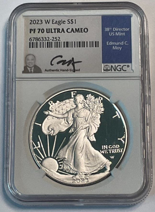 2023 W $1 Silver Eagle NGC PF70 Ultra Cameo Edmund Moy Hand Signed Blue Label