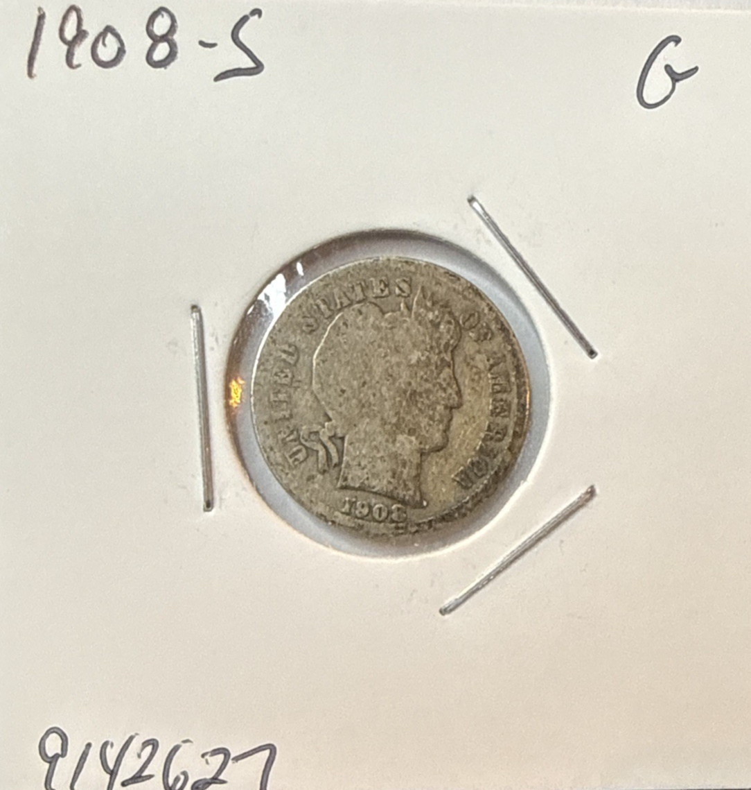 1908 S Barber Dime G. Great Coin. 