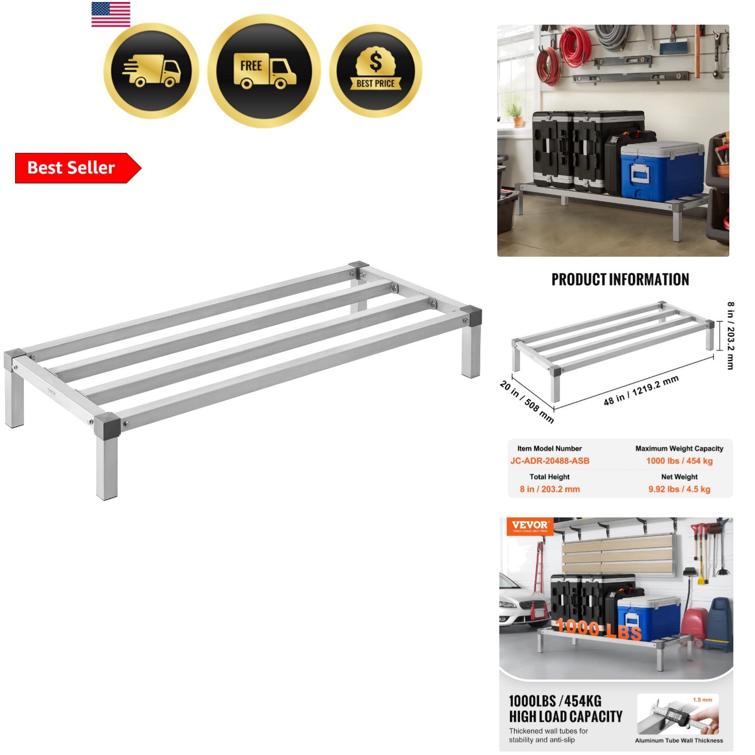 Aluminum Dunnage Rack, 48” x 20” Commercial Food Floor Rack, 8” Off the Floor... Aluminum Dunnage Rack, 48” x 20” Commercial Food Floor Rack, 8” Off the Floor...