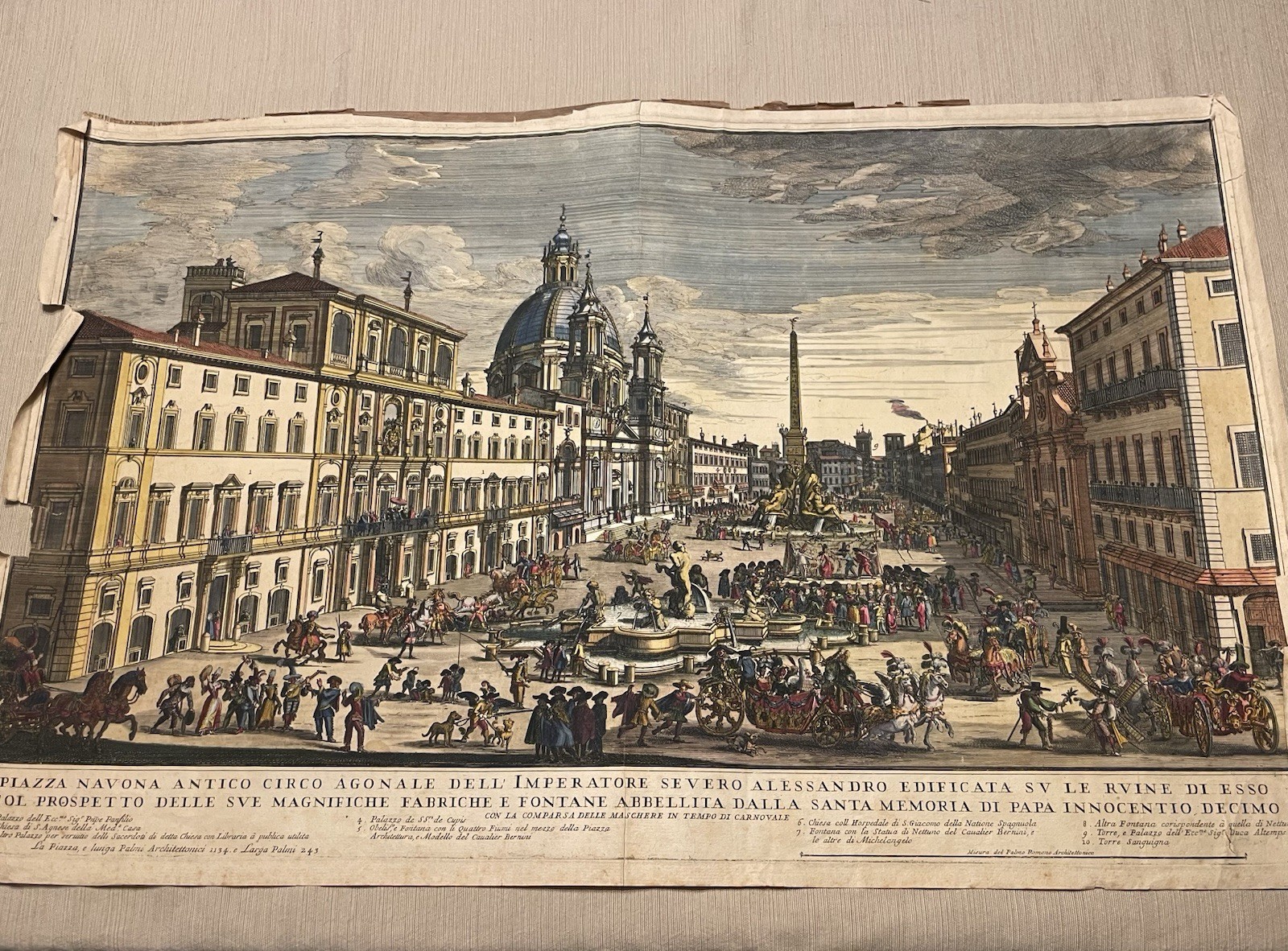 Antique Hand Colored Engraving Piazza Navonna, Rome c. 1724