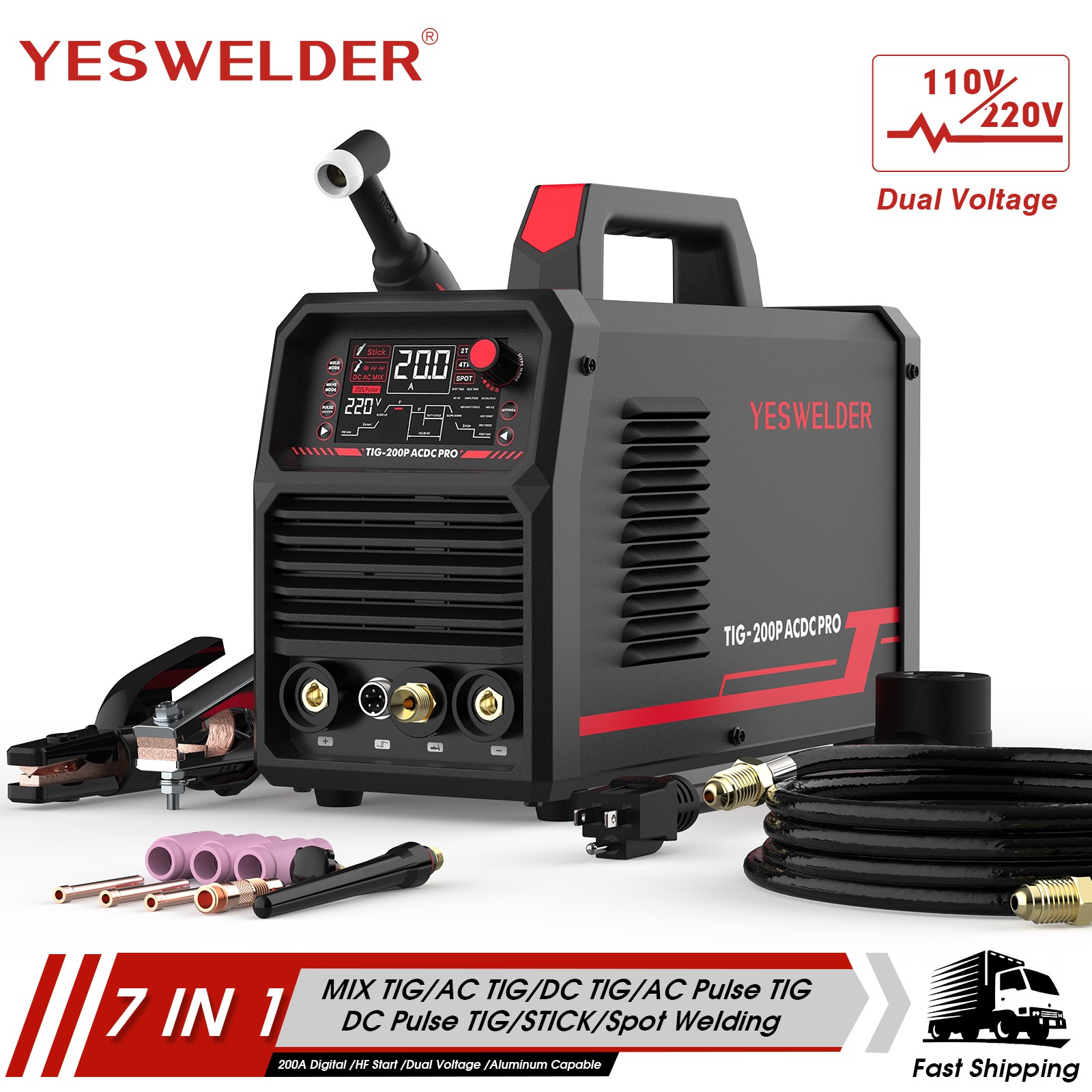 200A AC/DC Aluminum Tig Welder with Pulse Large LED Display, STICK/TIG 110/220V 200A AC/DC Aluminum Tig Welder with Pulse Large LED Display, STICK/TIG 110/220V