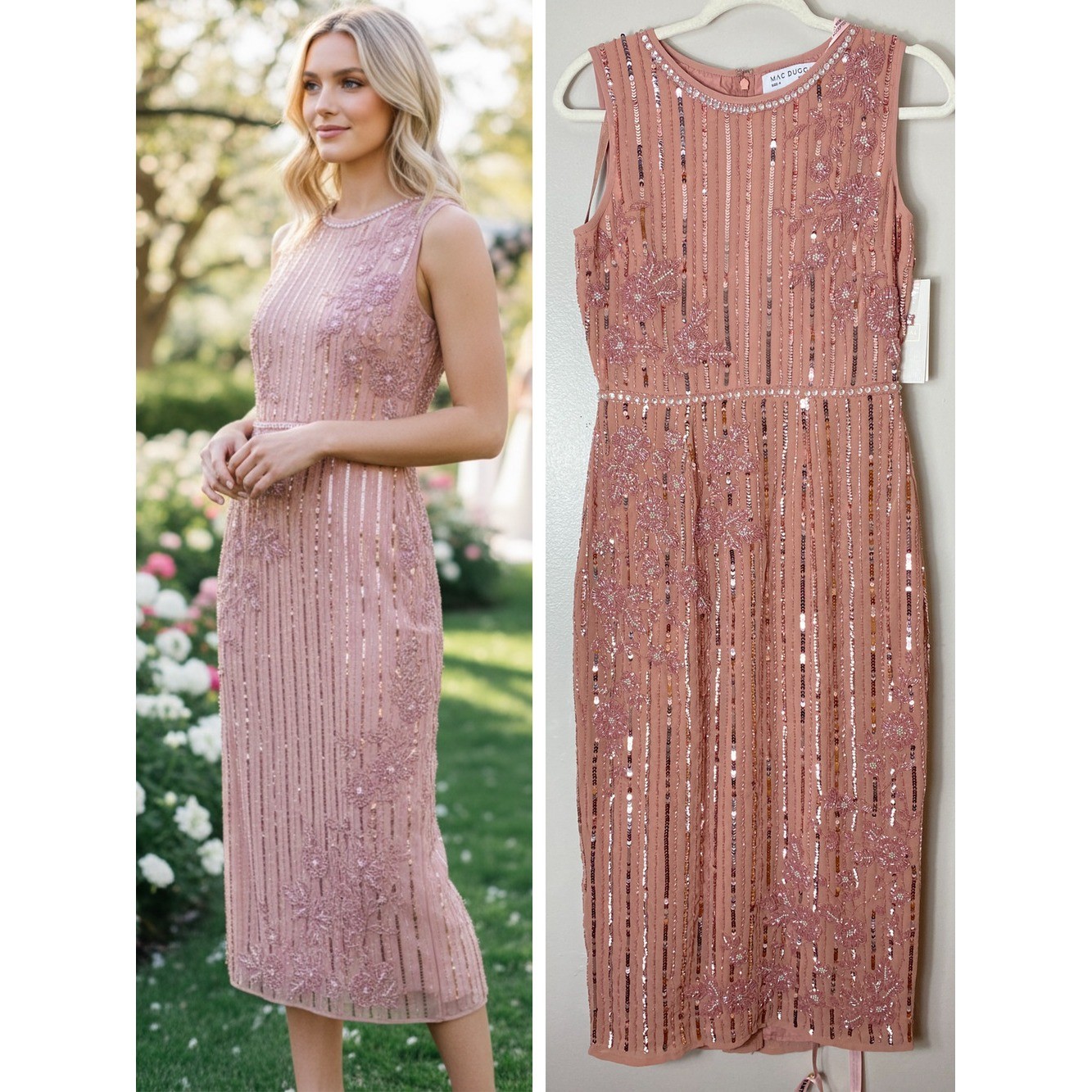 MAC DUGGAL DRESS 4 PINK SEQUIN BEADED FLORAL WEDDING GUEST MOTHER OF THE BRIDE