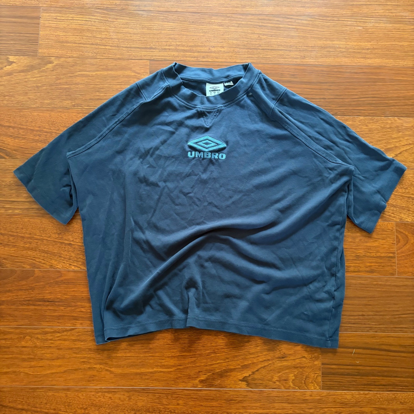 Umbro Vintage Boxy T-Shirt Embroidered Spellout Logo Navy Blue Streetwear XL