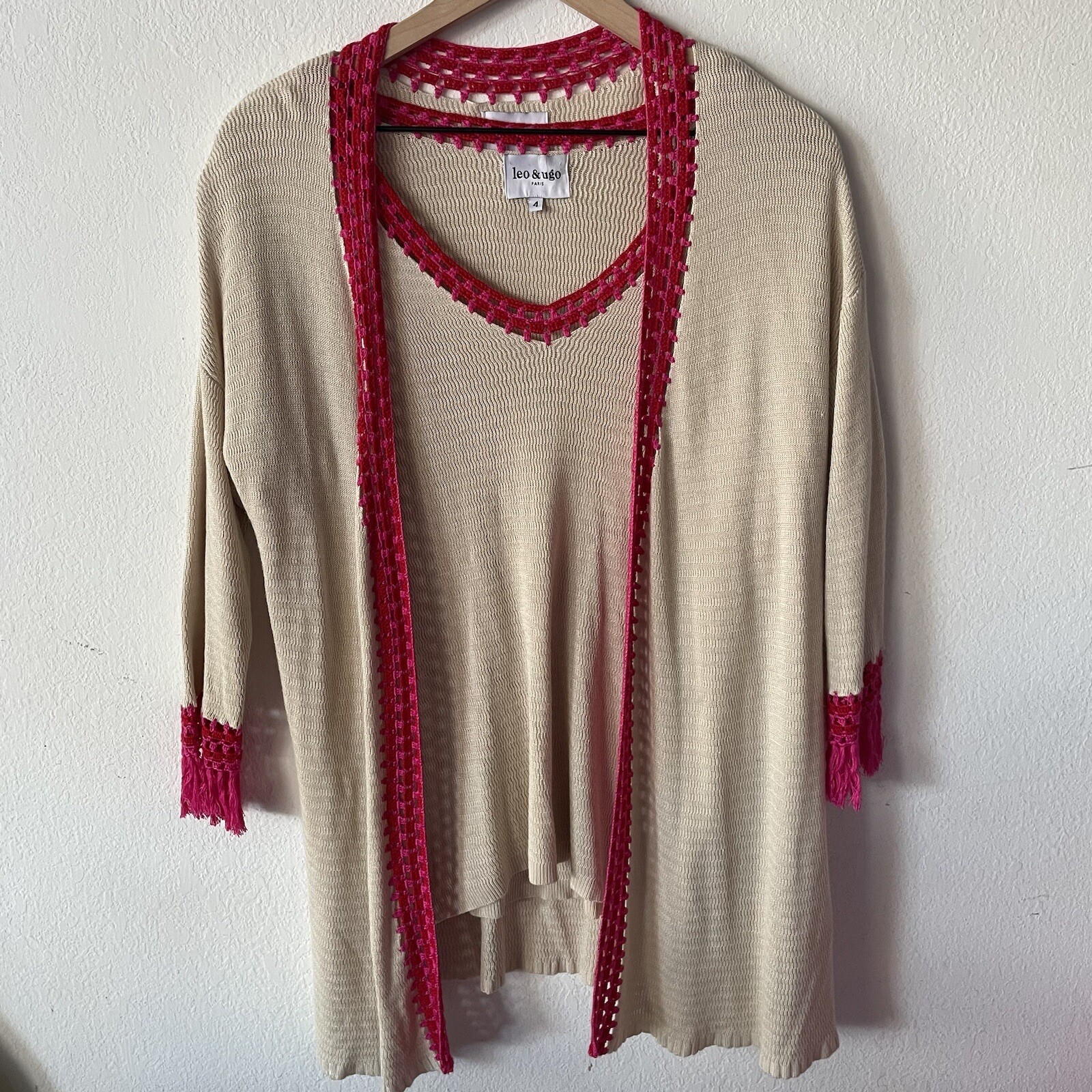 Leo & Ugo Paris 2 piece Tan Knit Top & Pink Trimmed Cardigan Size 4