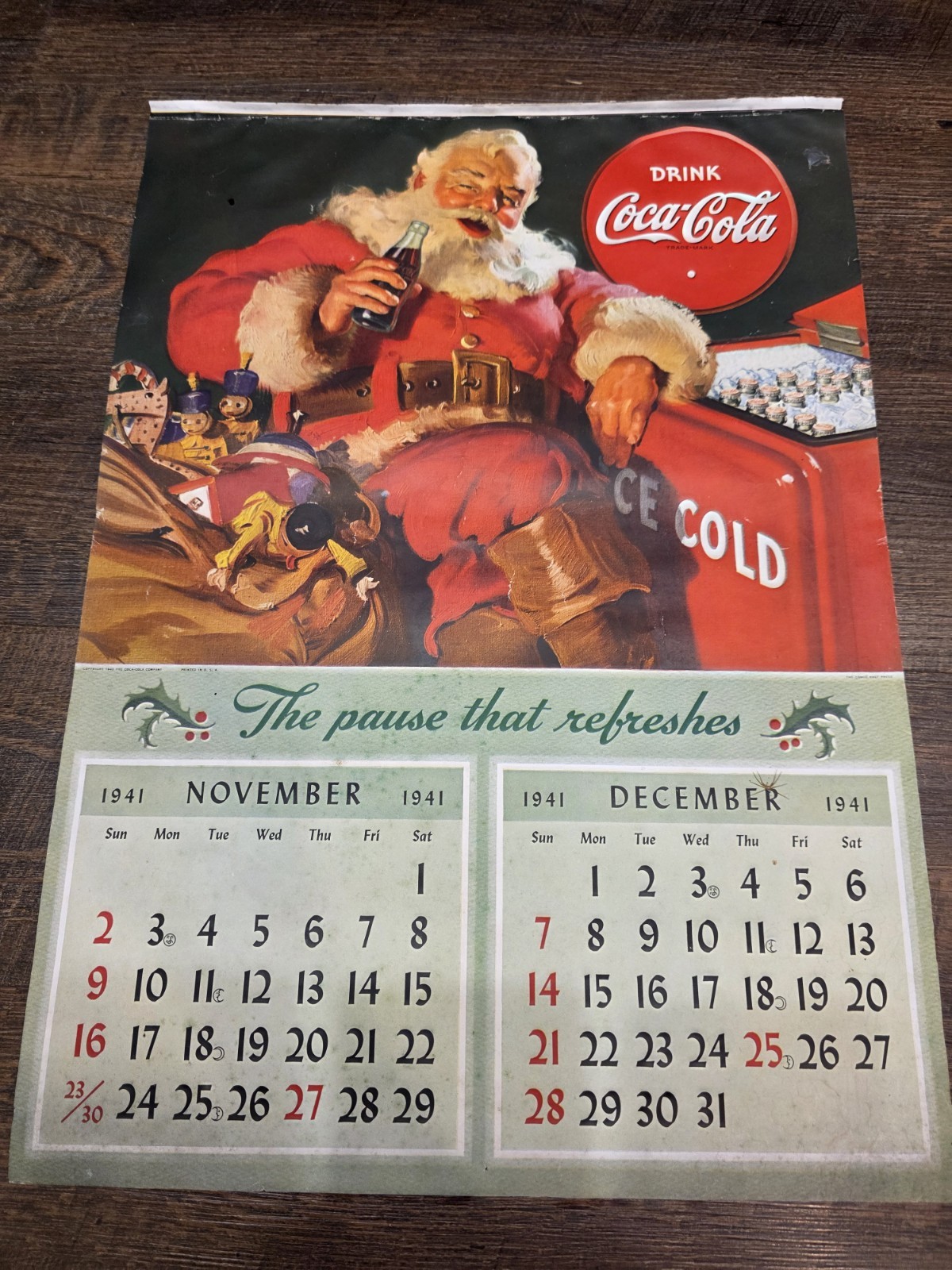 WW2 WWII 1941 Coca-Cola Calendar Sheet Santa Claus XMAS Pearl Harbor ~ 1940s