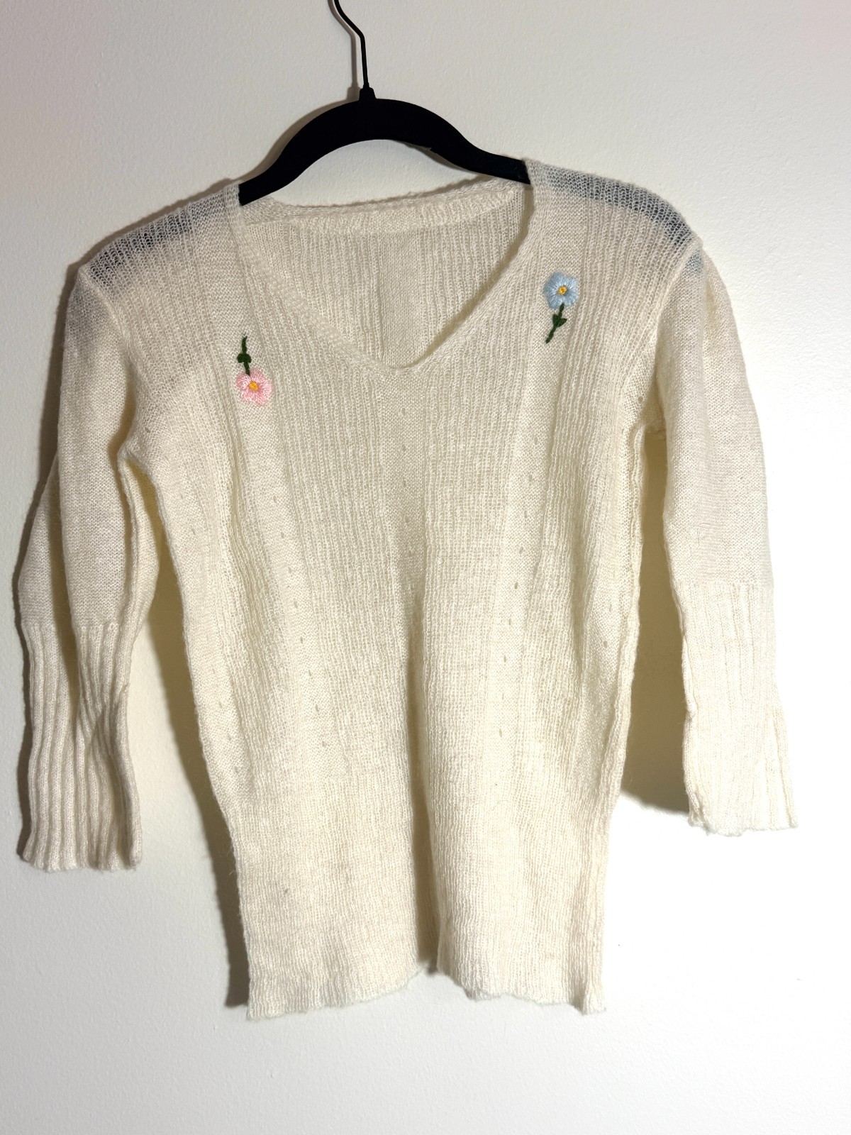 VINTAGE 50\'S 60\'S DELICATE FLORAL STITCH SHEER CROPPED KNIT SWEATER XS