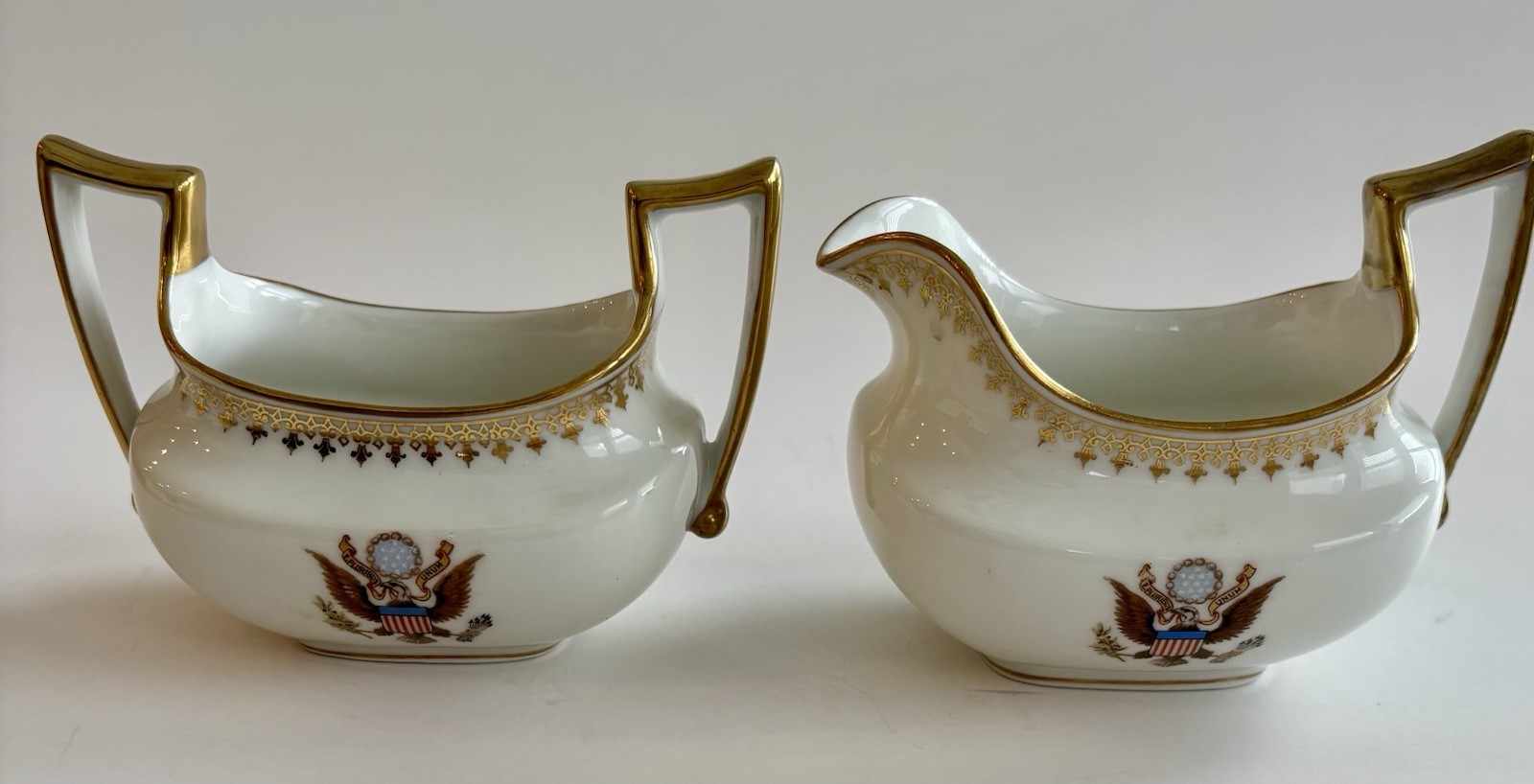 Antique T&V Limoges Great Seal Eagle Creamer Sugar Set Gold Trim c1900