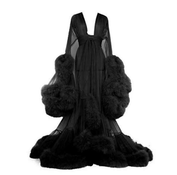 Women's Sheer Sleepwear Nightwear Robes Artificial Feather Trim Dresses New