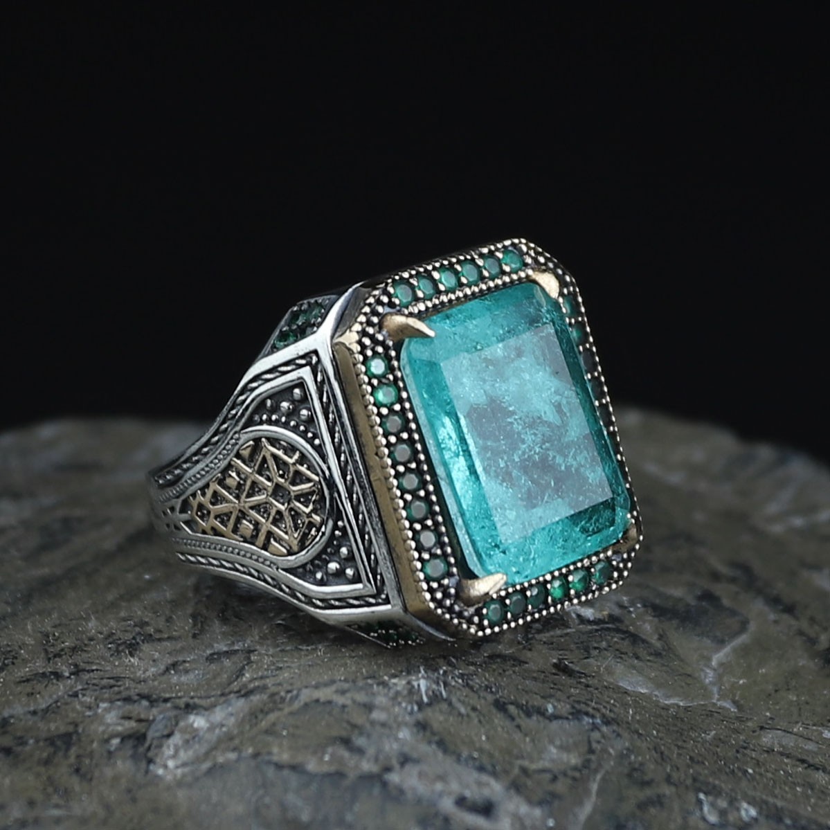 Natural Aquamarine Ring 925 Sterling Silver Vintage Turkish Men\'s Ring