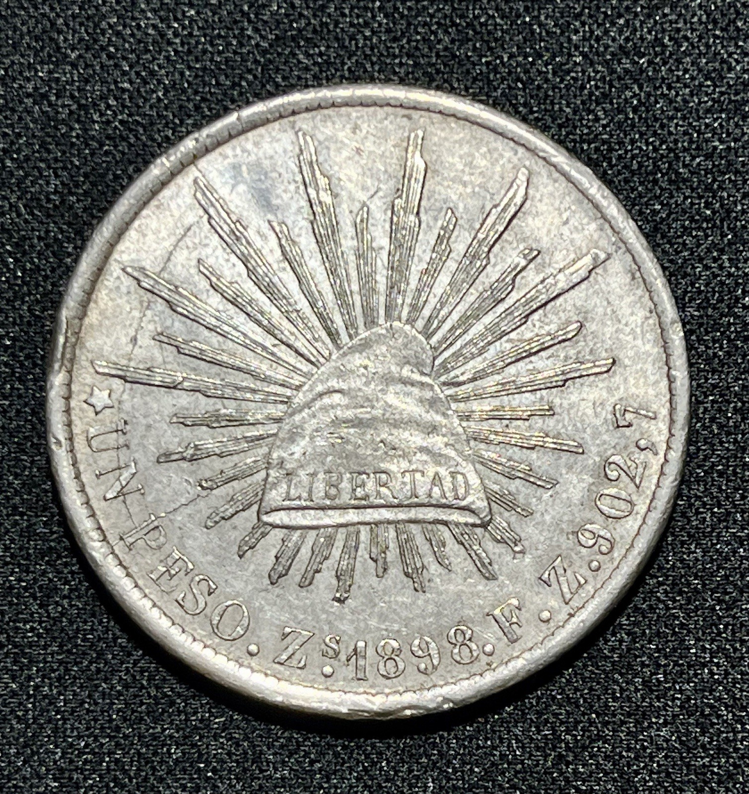 1898 Zs FZ Un Peso Mexico Second Republic 1 Peso Zacatecas Silver AU Condition