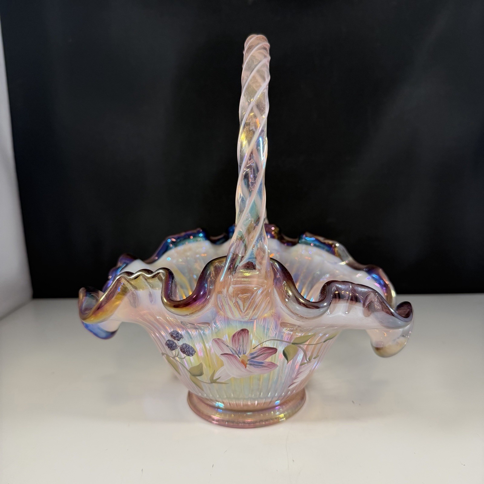Fenton Glass Iridescent Ribbon Candy Morning Glory Hummingbird Basket Fenton Glass Iridescent Ribbon Candy Morning Glory Hummingbird Basket