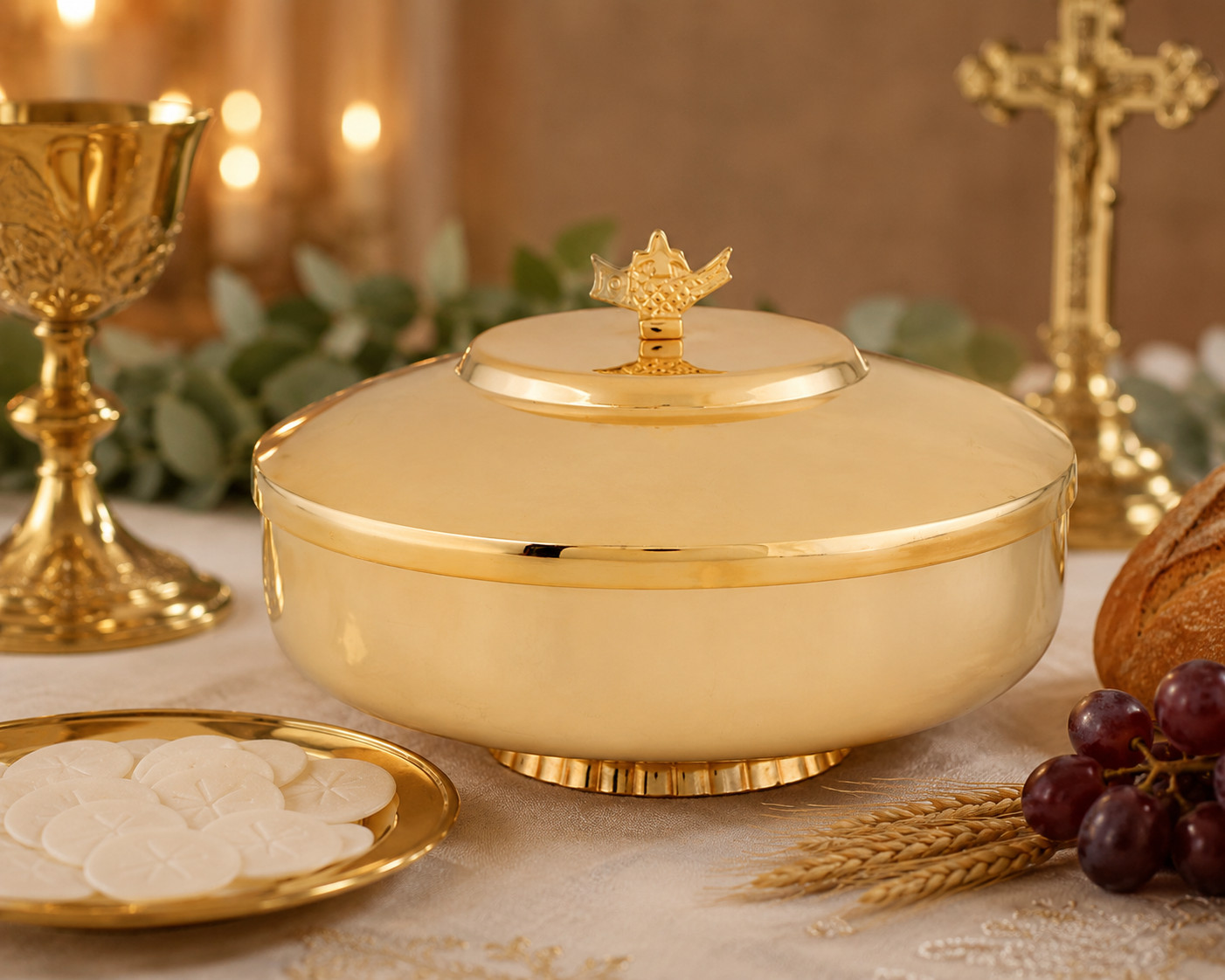 Large Gold Plated Brass Ciborium with Cover and Loaves & Fish Top For Communion
