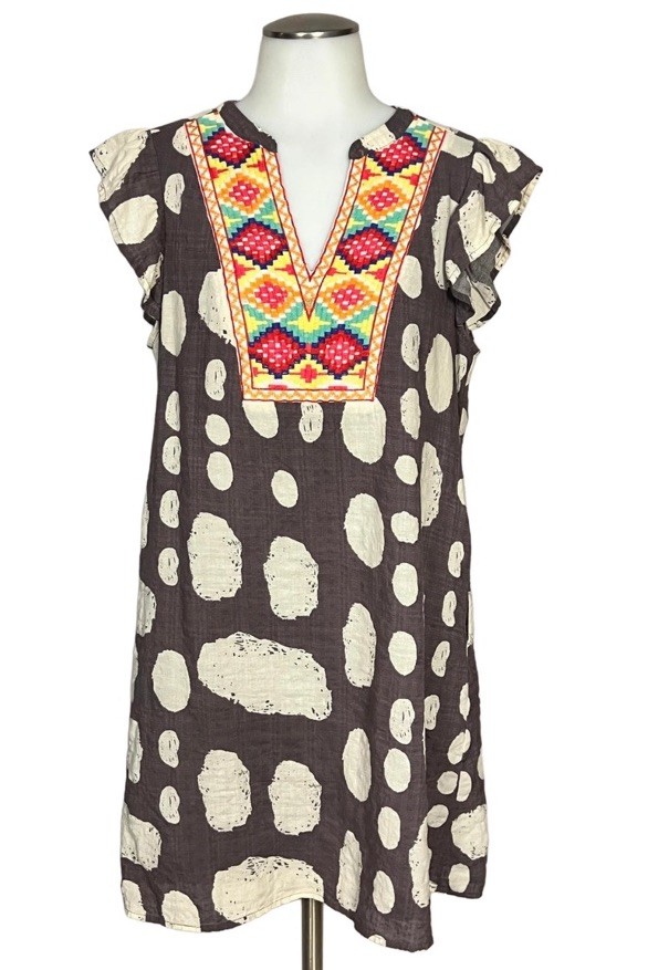 Anthropologie THML Dress Brown Taupe Dot Embroidered Boho Dress S Lined Pockets