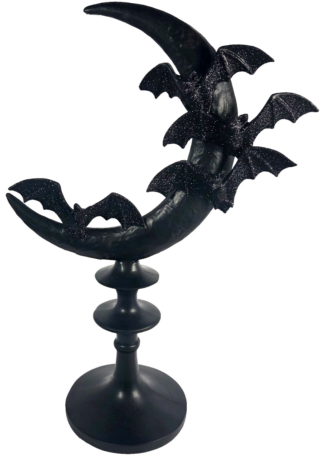 Spooky Night Bat Crescent Moon Figurine 17.5 Inch Black Glitter Halloween Decor
