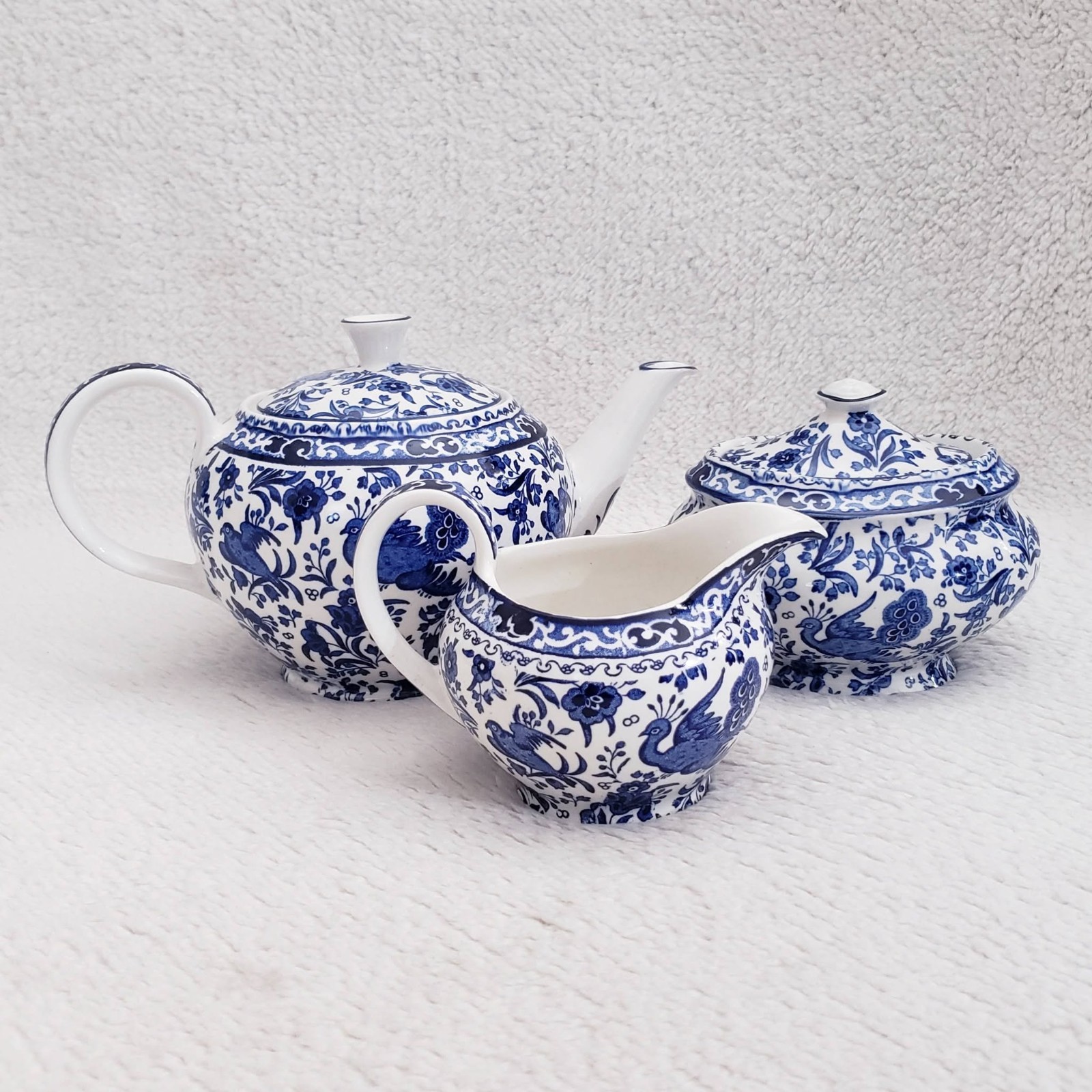 Vintage Burleigh Blue Regal Peacock Teapot, Lidded Sugar Bowl & Cream Jug