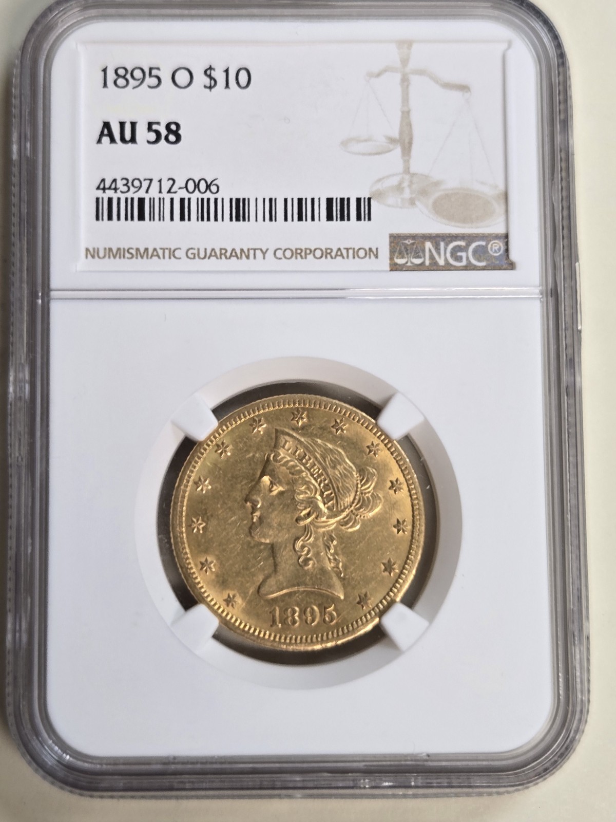 1895-O $10 Liberty Gold NGC AU 58 1895-O $10 Liberty Gold NGC AU 58