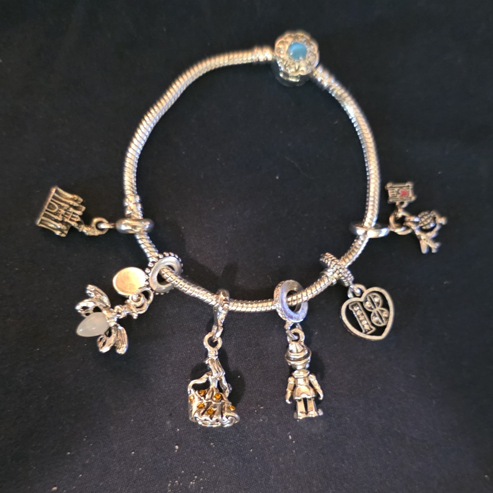 7 inch Silver Tone Snake Chain Charm Bracelet W/Charms Pandora 7 inch Silver Tone Snake Chain Charm Bracelet W/Charms Pandora