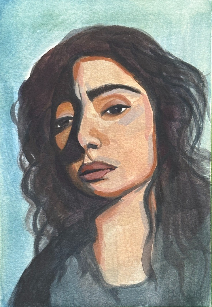 Original Gouache Portrait Painting Woman Teal Dark Hair 6x8 Signed Molly Goodman