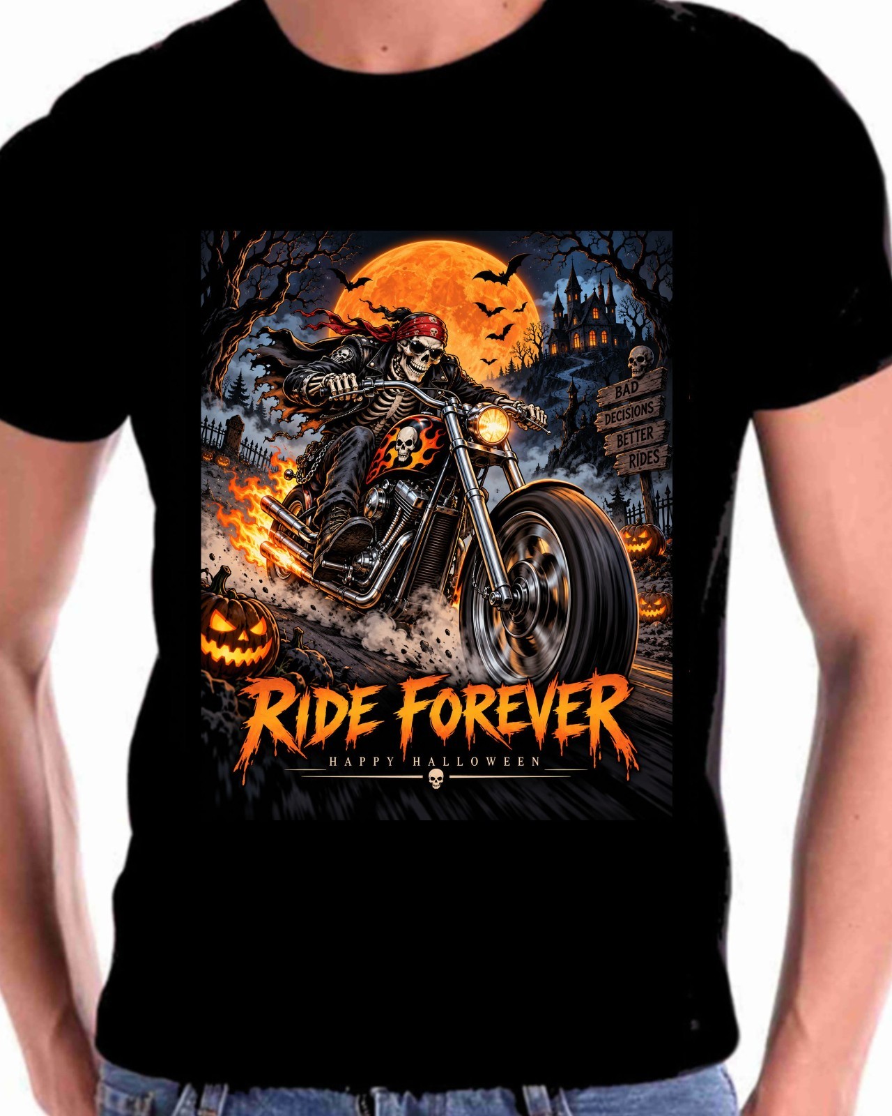 Halloween T shirt A  Skeleton Driver On a Motorcycle Scary Art Horror Skull Face