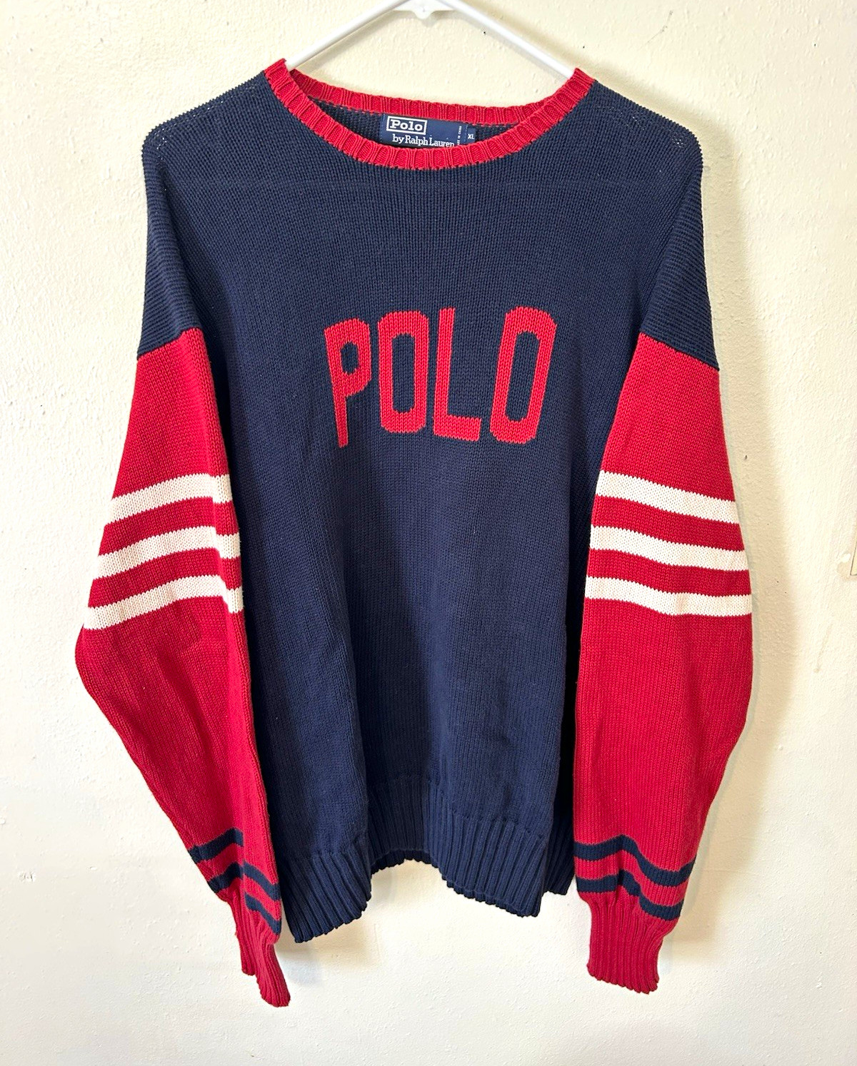 Vintage 1992 Polo Ralph Lauren Men\'s XL Cotton Knit Sweater With Polo Spellout
