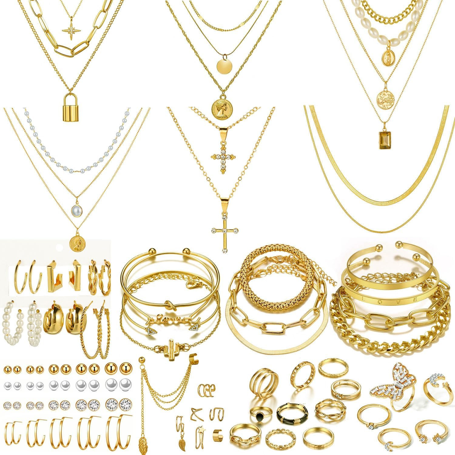 6Pcs Layered Necklace, 11 Pcs Anklet and 7Pcs Earring Ear Cuff,12Hoop Earrings ,
