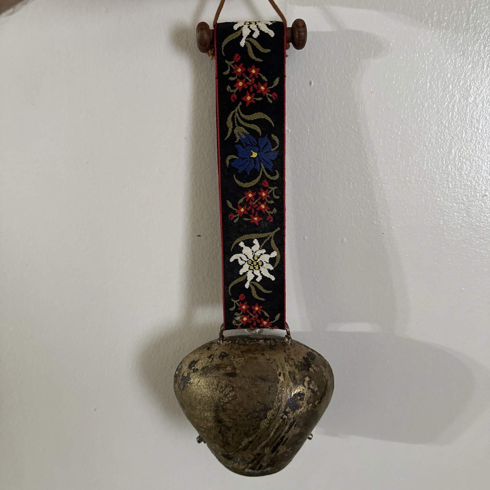 Vintage Antique Hand Forged Large European Cow Bell W/ Floral Embroidered Strap Vintage Antique Hand Forged Large European Cow Bell W/ Floral Embroidered Strap