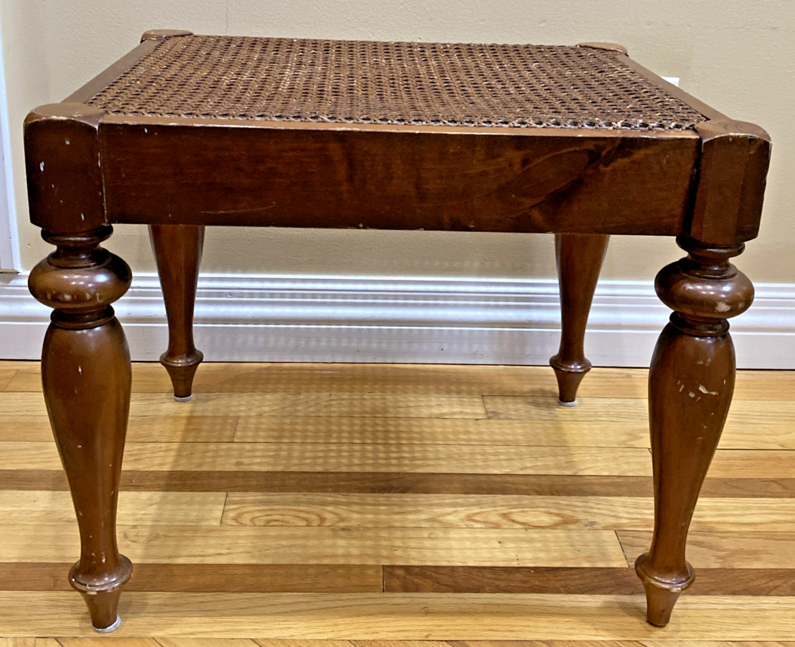 Vtg Walnut Caned Vanity Bench