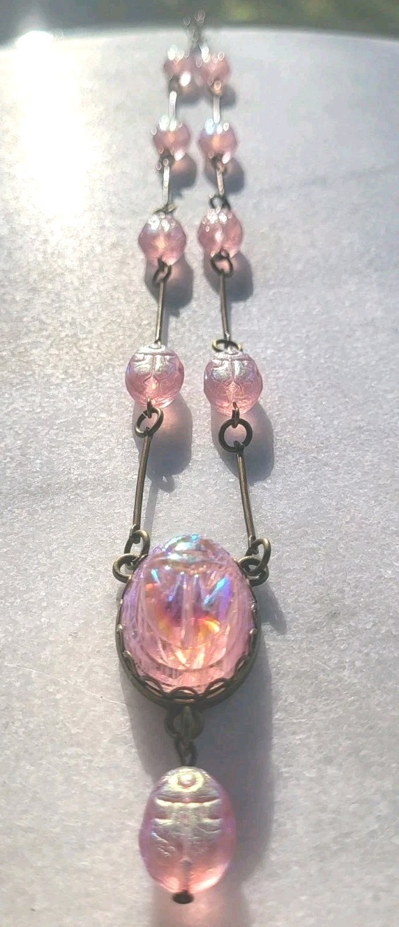 VINTAGE EGYPTIAN SCARAB PENDANT IRID PINK SCARAB BEAD GLASS NECKLACE SET OOAK VINTAGE EGYPTIAN SCARAB PENDANT IRID PINK SCARAB BEAD GLASS NECKLACE SET OOAK