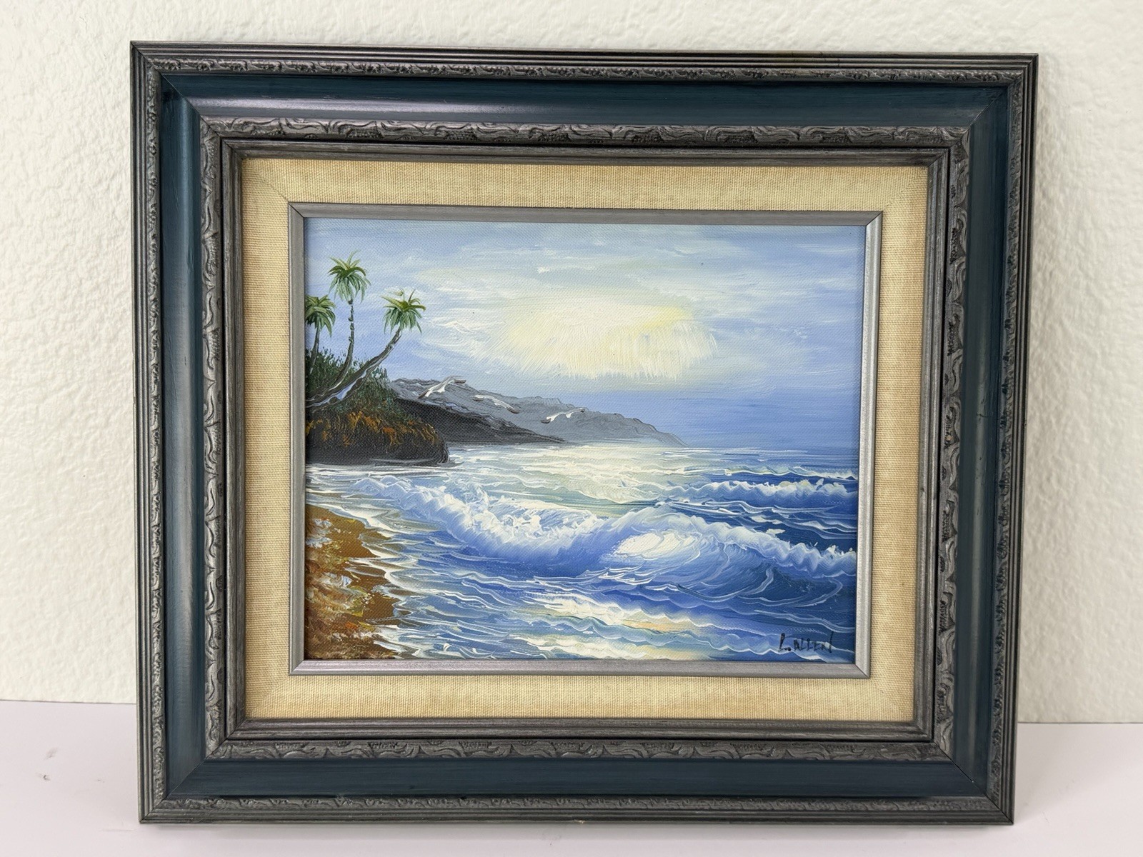 Vintage Tropical Seascape Oil Painting Signed L Allen Palm Trees Framed 15x13