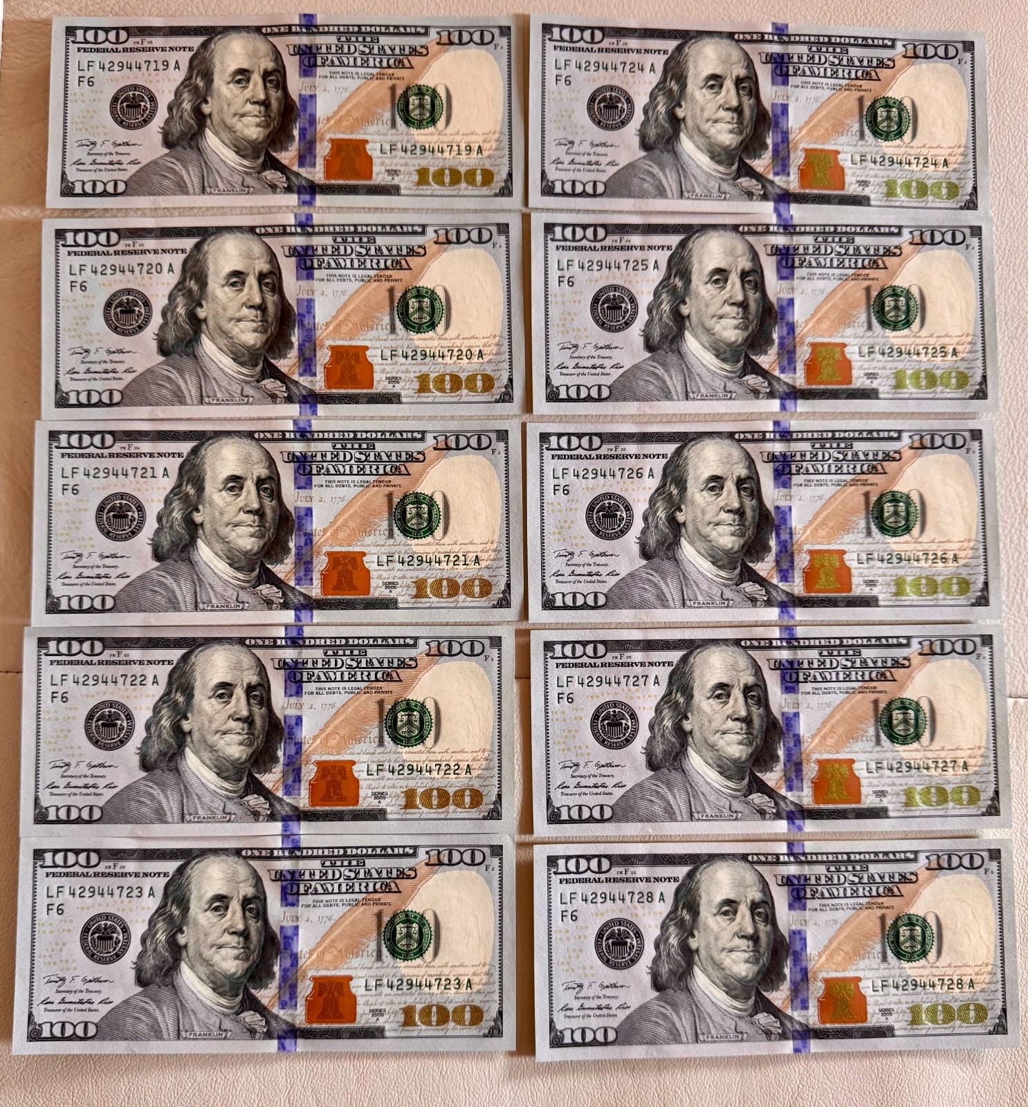 2009A US $100 Federal Reserve Notes  (10) UNCIRCULATED Sequential First day