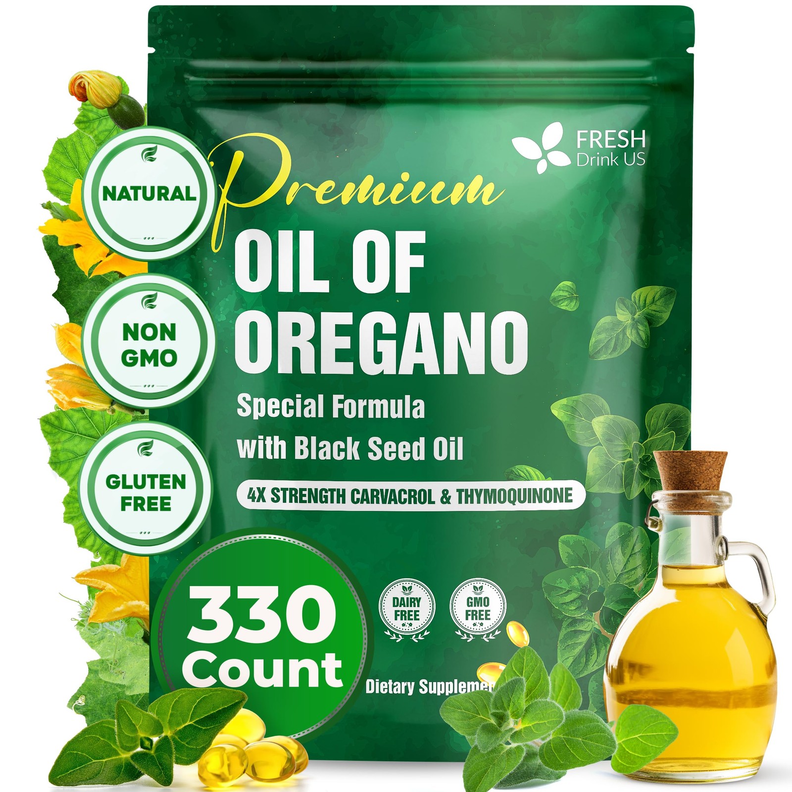 FreshDrinkUS, Premium Oregano Black Seed Oil Softgels, 330 Count, Herbal