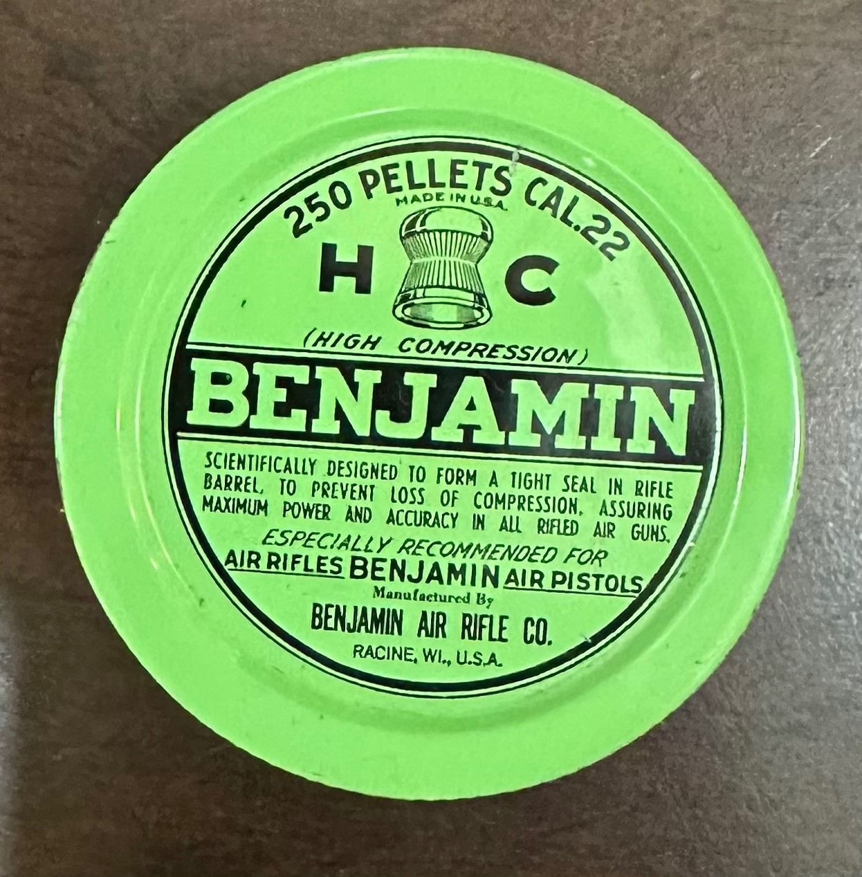 Vintage NOS Benjamin .22 Cal 250 Count Full Pellet Tin Vintage NOS Benjamin .22 Cal 250 Count Full Pellet Tin