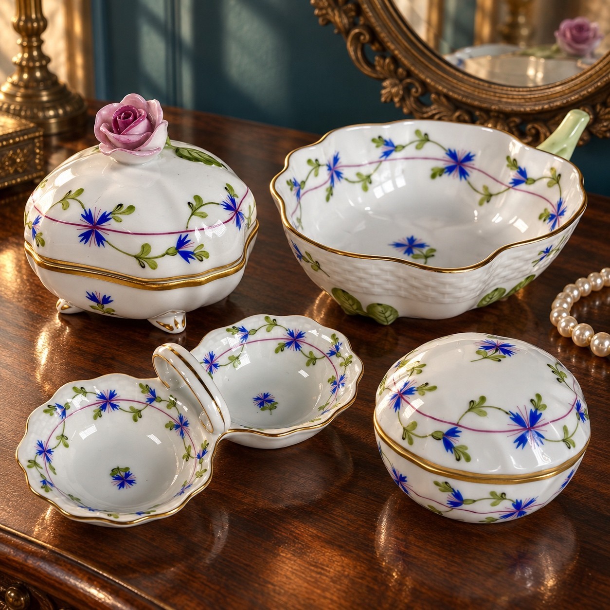 ❖ FIND Herend Blue Garland 4pc Porcelain Set Trinket Box Hand Painted Hungary