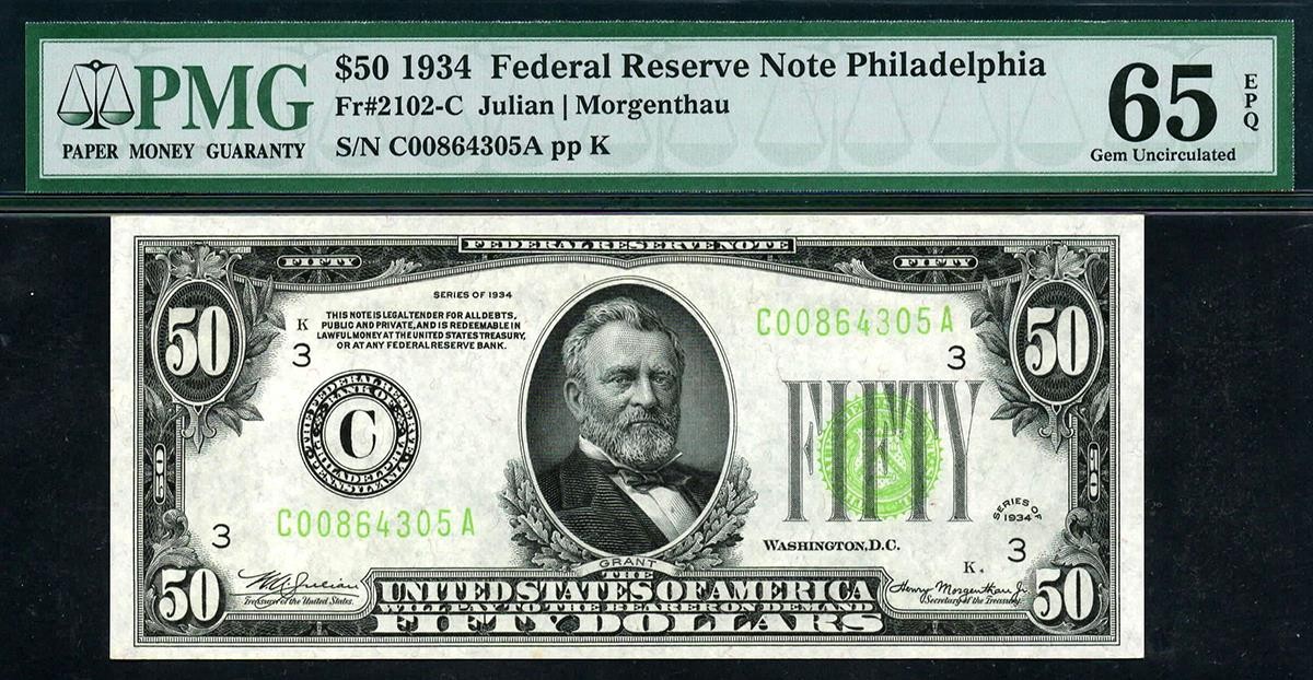 1934 $50 LGS Philadelphia Light Green Seal FRN Fr. 2102-C • GEM UNC • PMG 65 EPQ