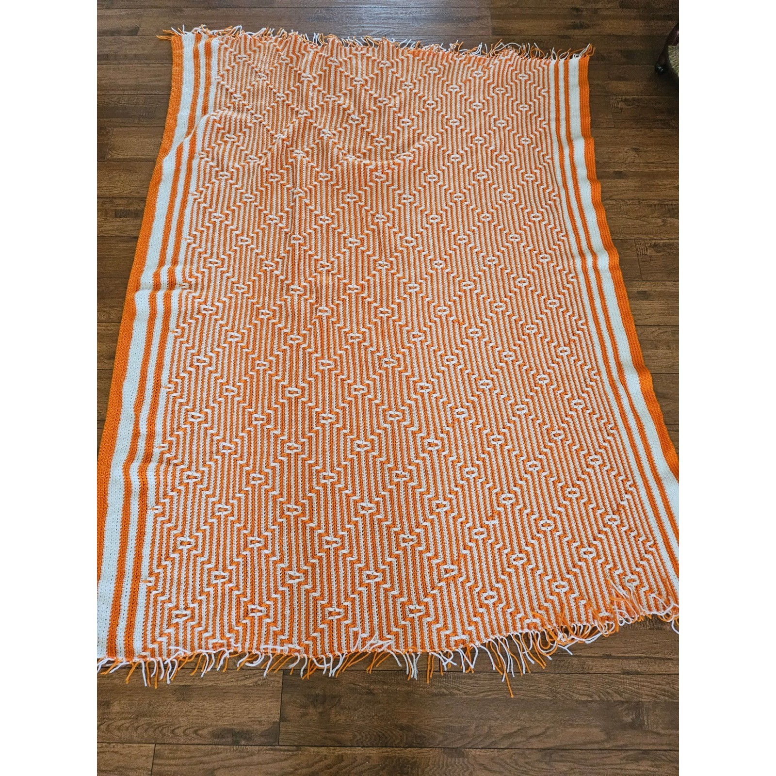 Vintage Handmade Crochet Afghan Orange White Geometric Mosaic Fringe 67x46