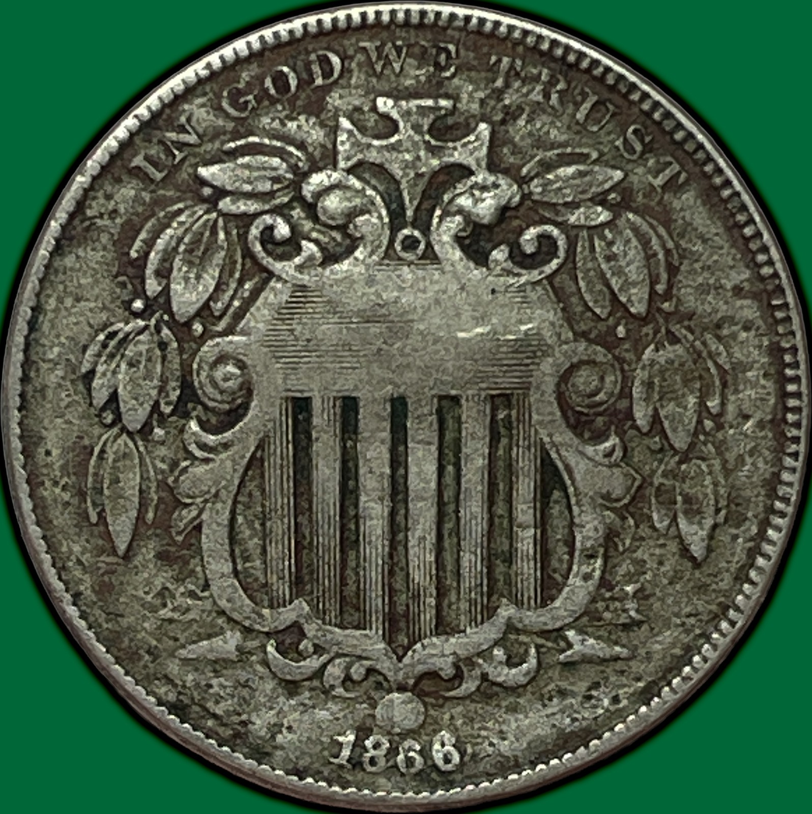1866/1866 Over 1866, Rays Shield Nickel Very Fine VF Coin, Env. Issues #32422
