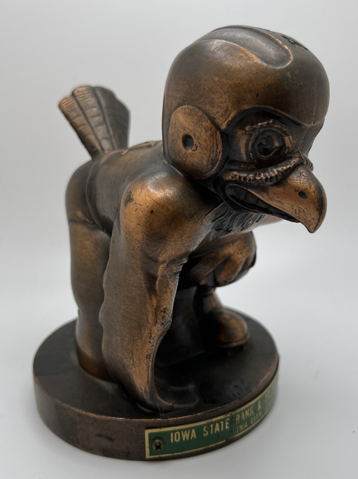 Vintage 1950s University of Iowa Hawkeye Mascot Figural Bronze Bank