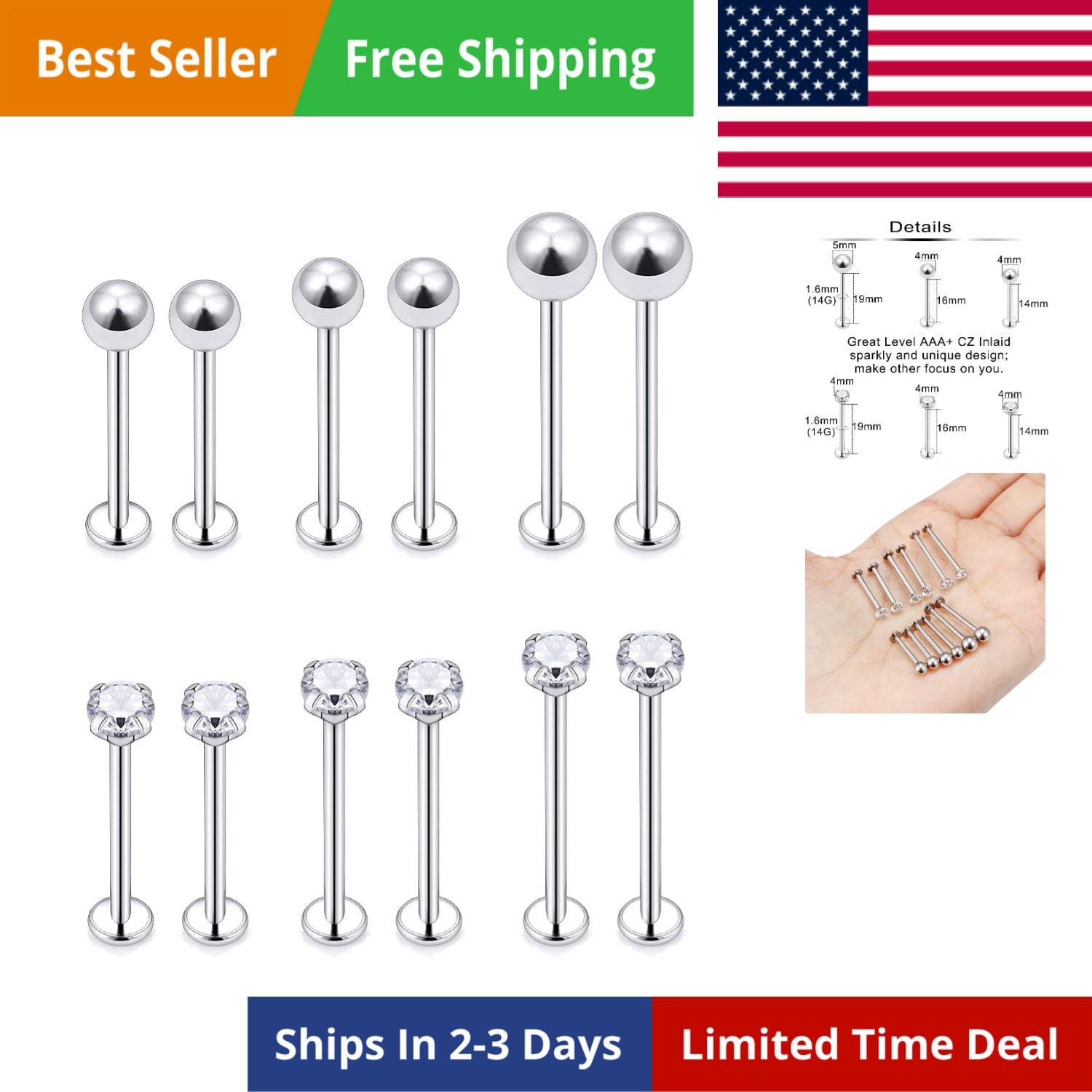 12Pcs 14G 16G Cheek Piercing Jewelry Stainless Steel Dimple Rings Labret Long To