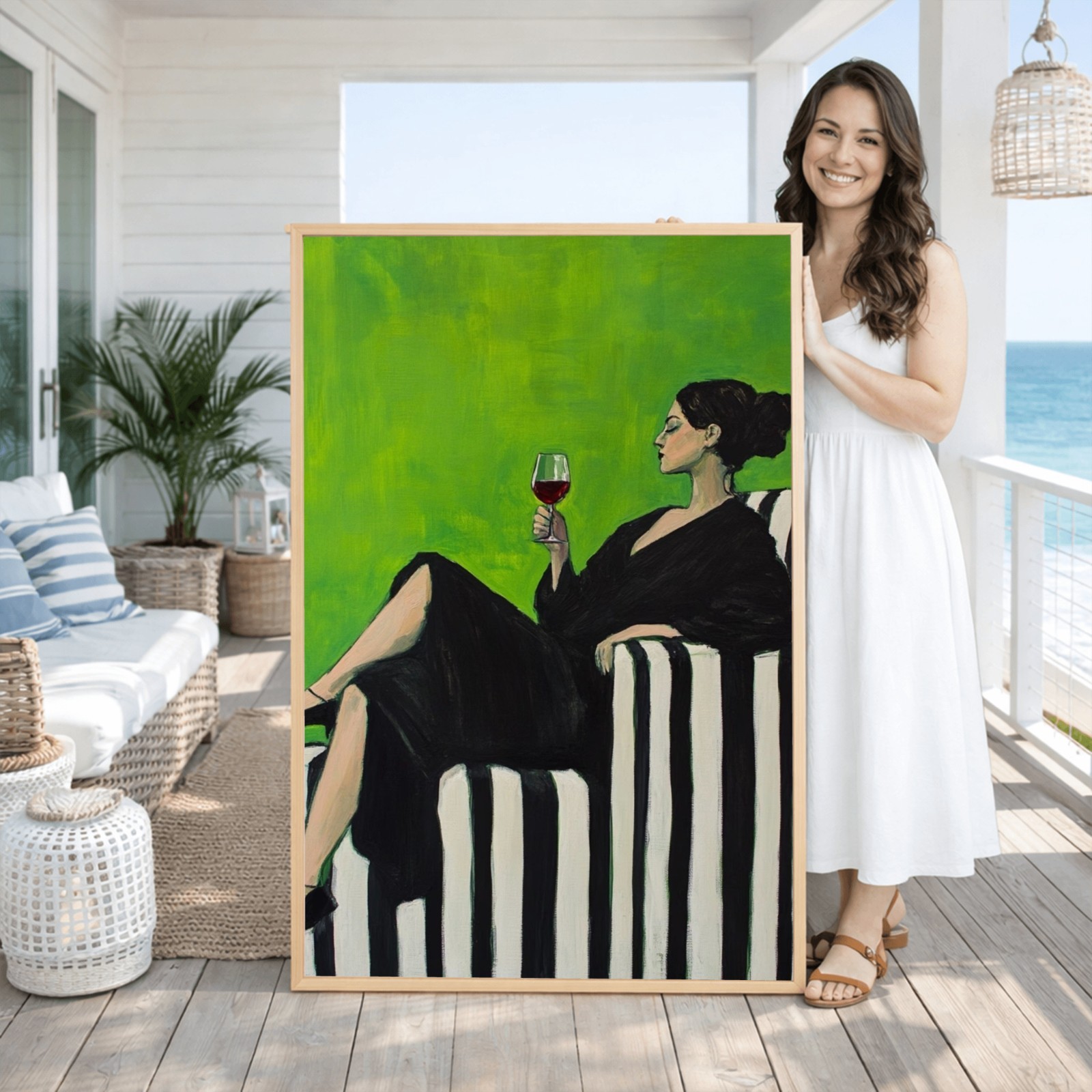 Hand Painted Oil Painting Woman With Red Wine Glass On Striped Sofa Modern Art Hand Painted Oil Painting Woman With Red Wine Glass On Striped Sofa Modern Art