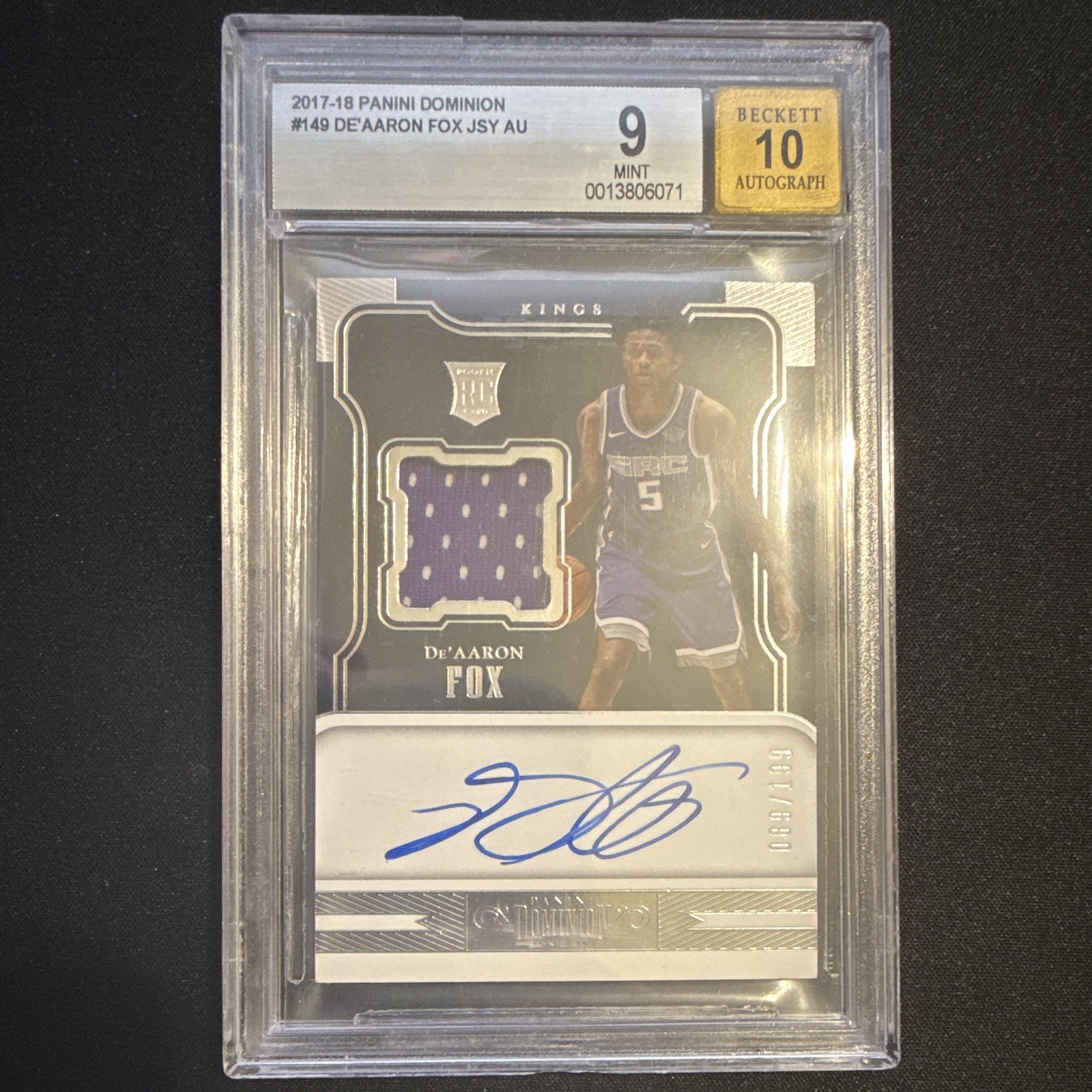 Panini Dominion 2017-18 De'Aaron Fox RC RPA Signed Jersey Auto 10 BGS 9 /199