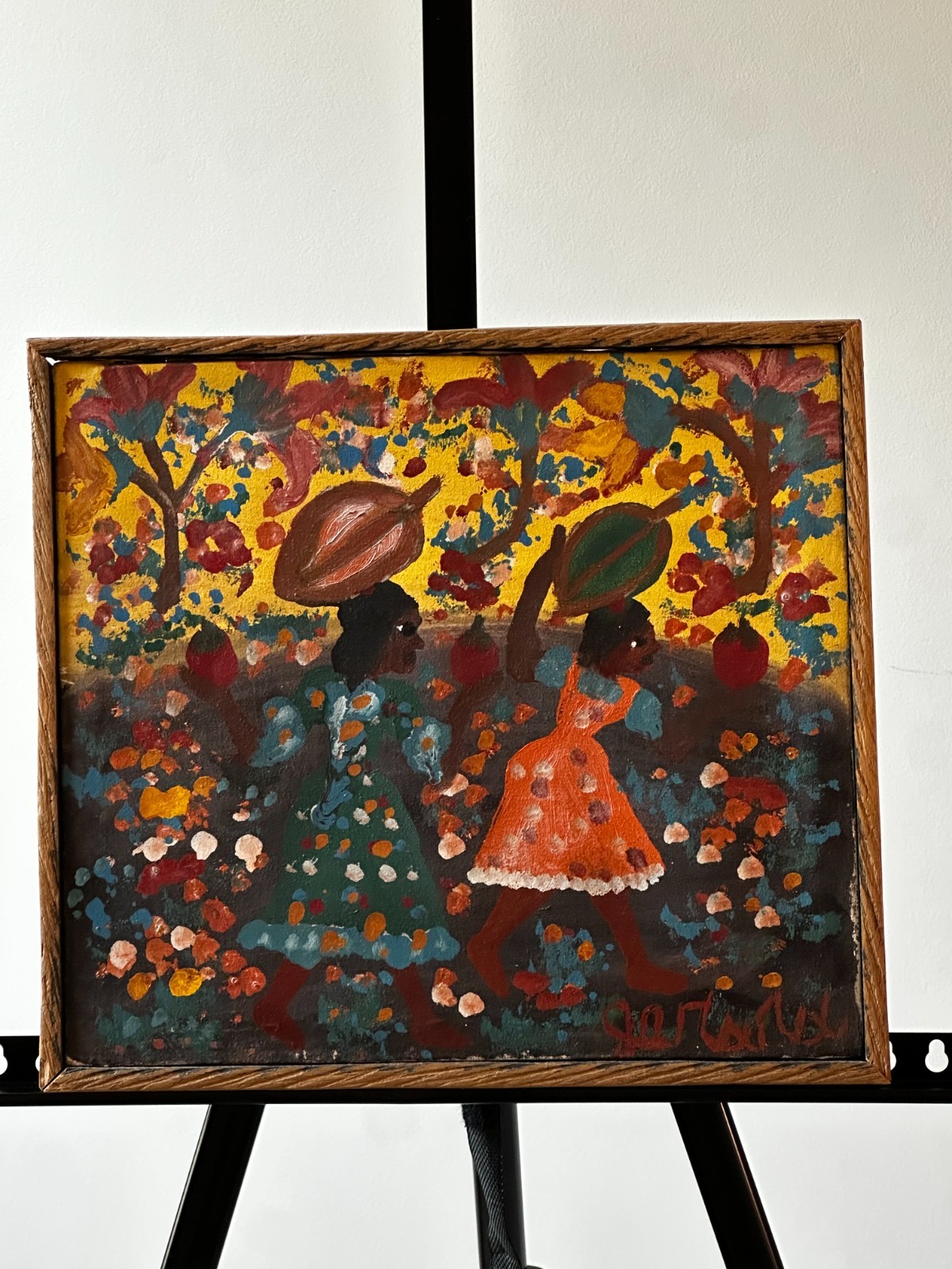 Gerard Fortune Signed Haitian Folk Art Oil Painting Women Orchard Framed